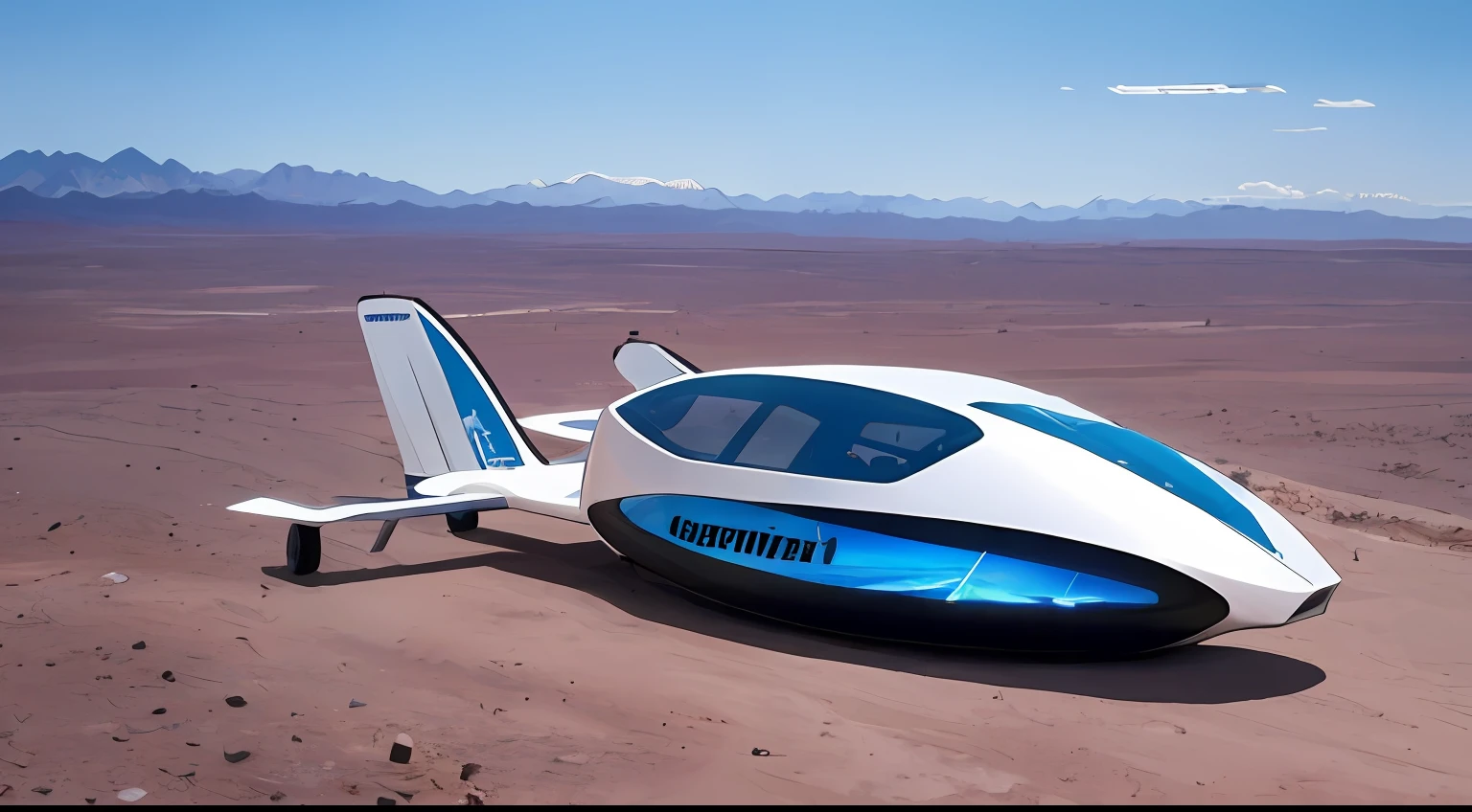 Futuristic glider vehicle that floats on the ground without wheels crossing the desert less than three meters above the ground of blue color