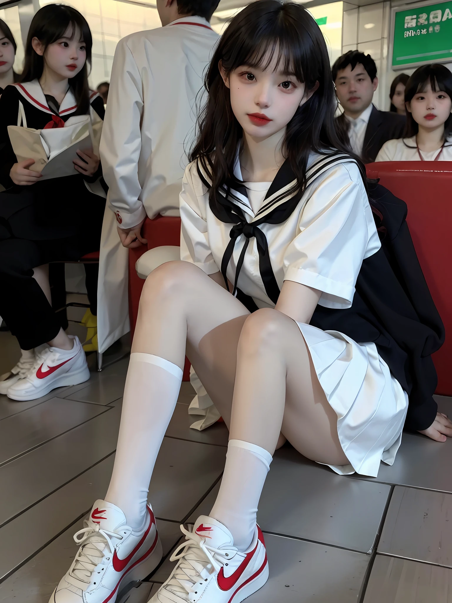 (8k, best quality, masterpiece: 1.2), (realistic, realistic, photorealistic: 1.37), 1 girl, hyper-detailed, beautiful detail eyes, beautiful detail nose, ((((1girl))), white short-sleeved sailor suit, pleated short skirt, full body photo, subway station, red Nike shoes, sitting upright, hands between legs,