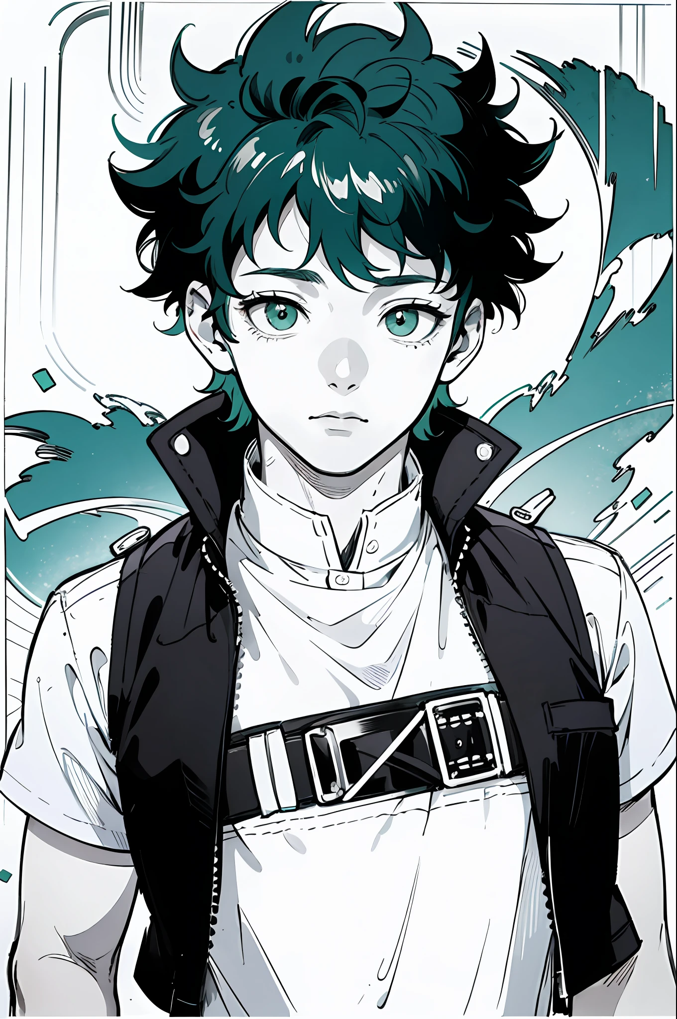 Masterpiece, top quality, 8k, one man, Izuku Midoriya, 16 years old, shirt and vest, shining big green eyes, monochrome, line drawing,