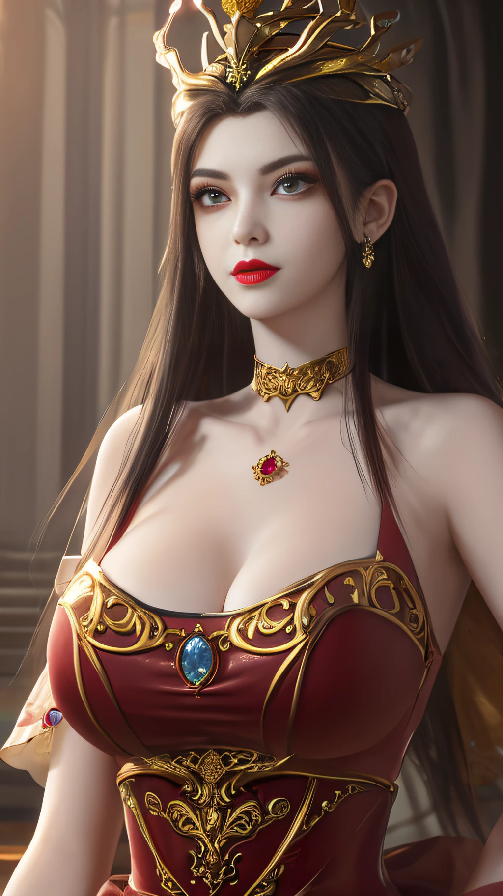 A beautiful queen, wearing a red antique dress with gold trim, beautiful face, long hair, a golden crown on her head, mysterious neck and hair jewelry, light red iris, round big eyes, thin and sharp eyebrows, every detail details meticulous and sharp eyelashes, red lipstick petite lips, slender shoulders, (Big breasts: 1.2) Plump breasts, large, round and regular breasts, slender waist, RAW photos, detailed photos, highest quality photos, 8k queen upper body,