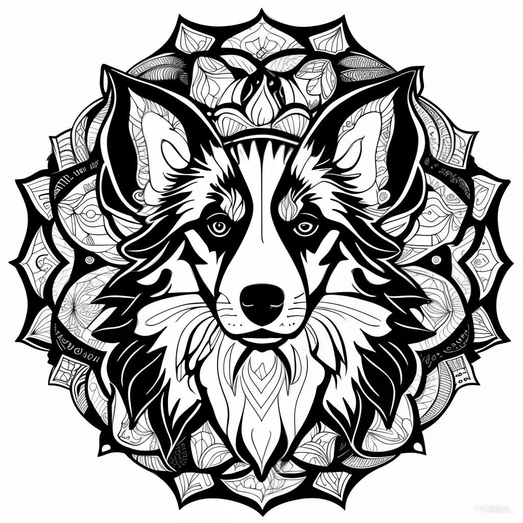 monochrome, adult coloring page, vectorization, mandala, collie image, white background, clean line art, fine line art
