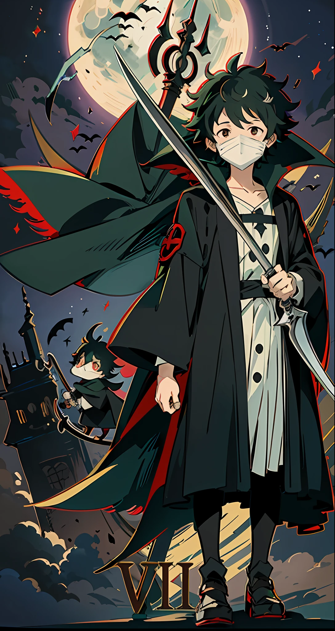 Izuku Midoriya as the grim reaper wearing plague doctor's clothes wielding a scythe on a cementary under the crimson moonlight