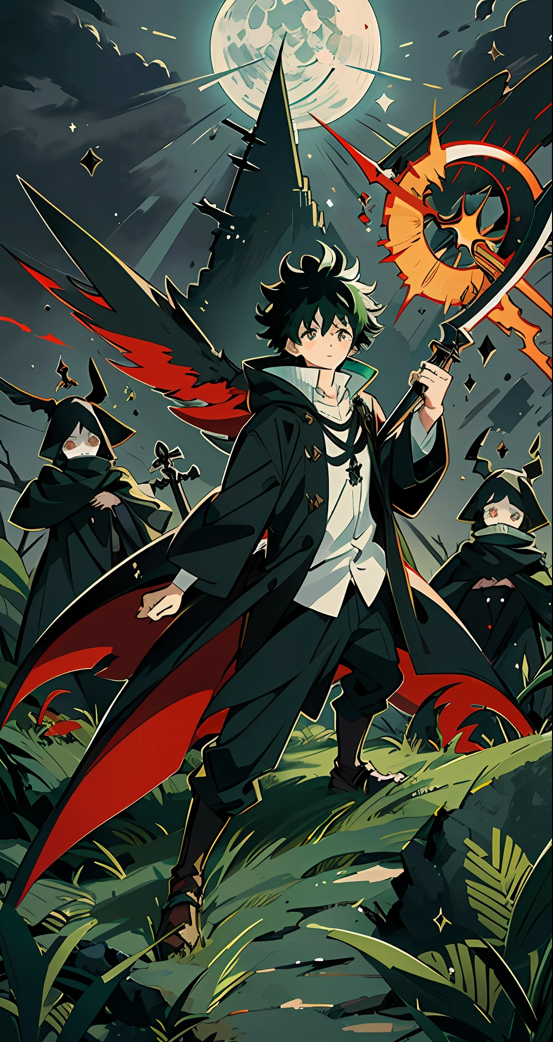 Izuku Midoriya as the grim reaper wearing plague doctor's clothes wielding a scythe on a cementary under the crimson moonlight