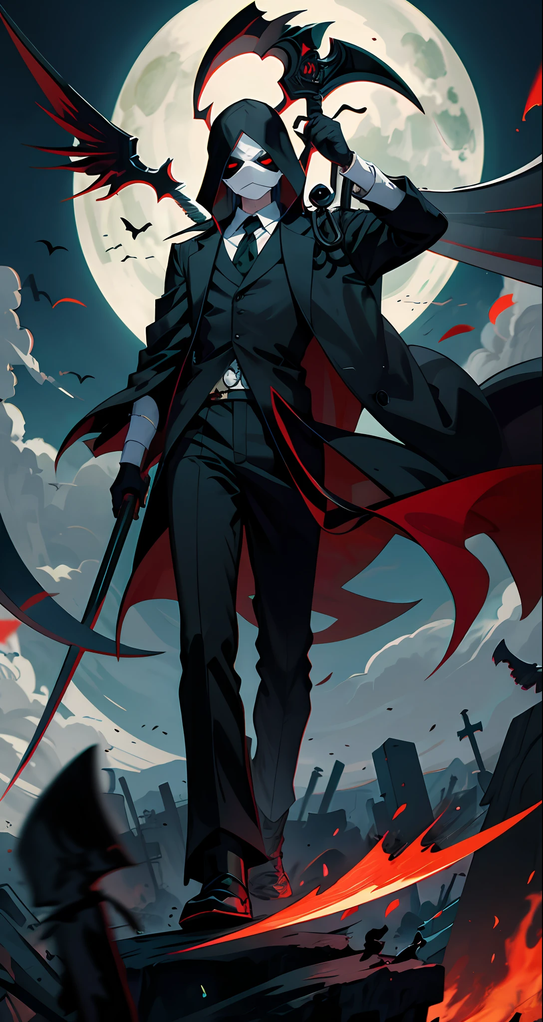 Izuku Midoriya as the grim reaper wearing plague doctor's clothes wielding a scythe on a cementary under the crimson moonlight