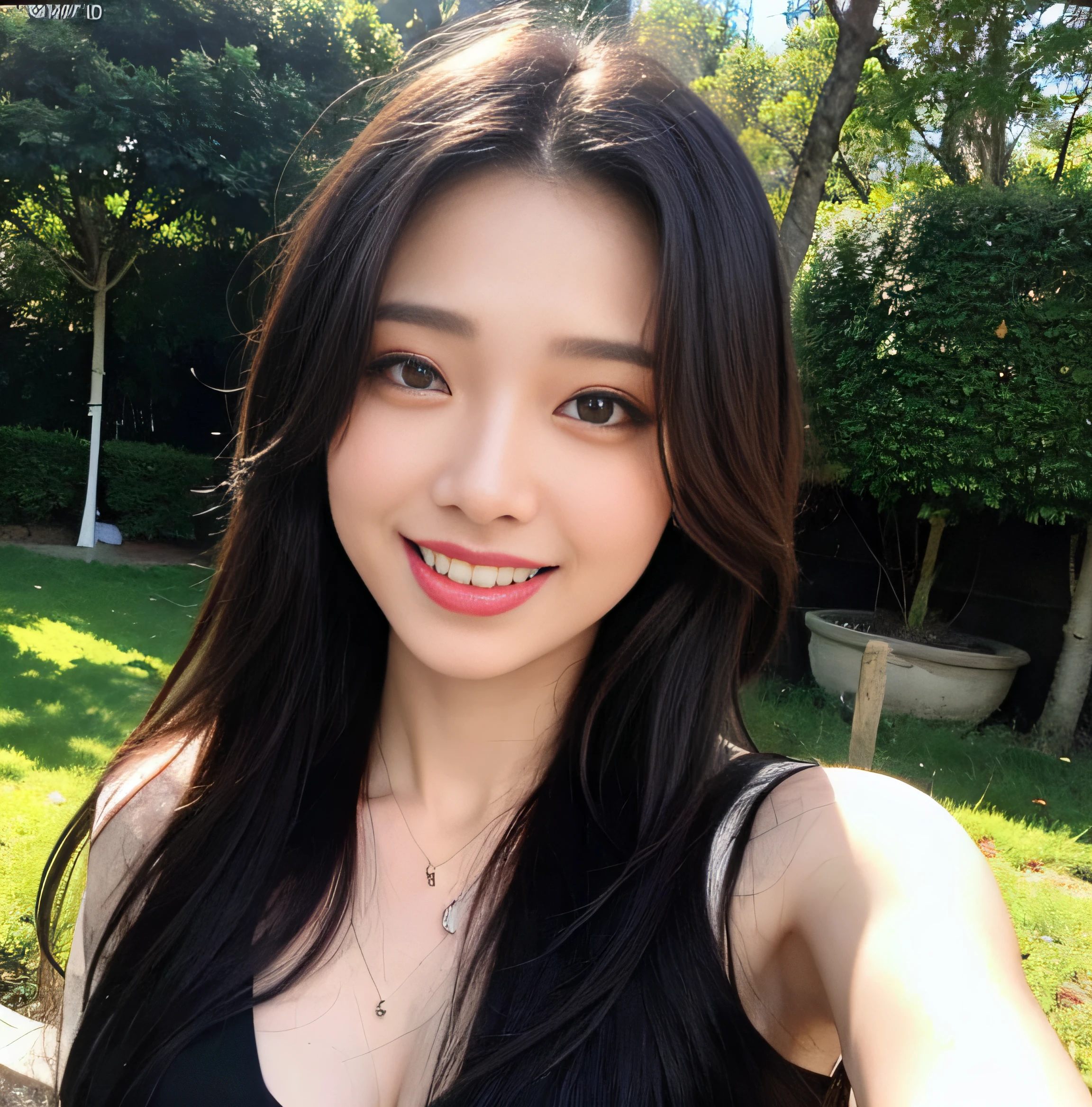 (8k, RAW photo:1.2),Best quality, ultra-high resolution, peeking breasts, big eyes, slender waist, lovely smile, 8k, very fine face, delicate lips, delicate eyes, double eyelids, long black hair, black hair, 8k, full body photo, outdoor, lovely eyes