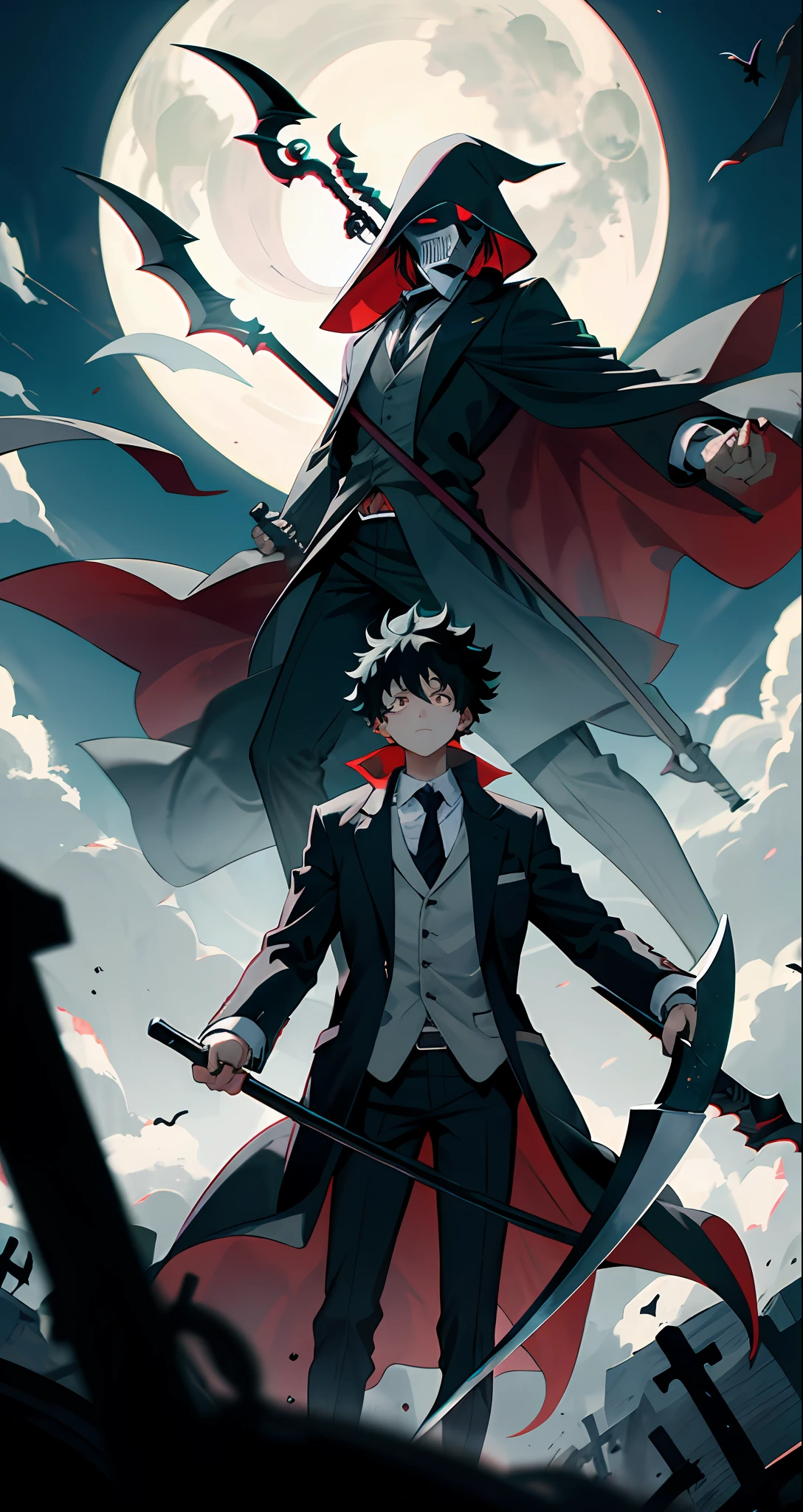 Izuku Midoriya as the grim reaper wearing plague doctor's clothes wielding a scythe on a cementary under the crimson moonlight