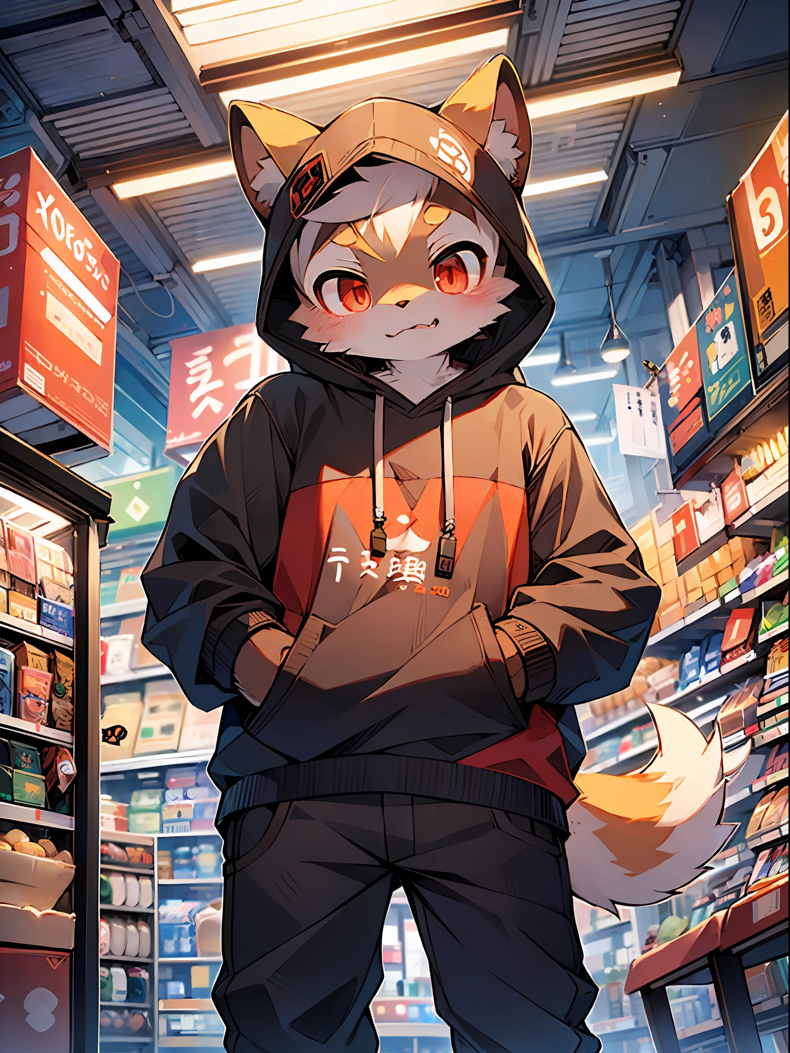 BREAk, Master Masterpiece, High Resolution, 8k, Detailed Background, High Quality, BREAk, BREAk, (Yellow Fur, Black Sclera, Red Eyes, Fluffy Fur, Detailed Fur)) Furry, Broken, Masculine, Boy, Humanoid, Sweatshirt, Hood, (Cyberpunk, Supermarket, Mechanized, Japanese Katana), Solo, (by Dagasi: 0.8)