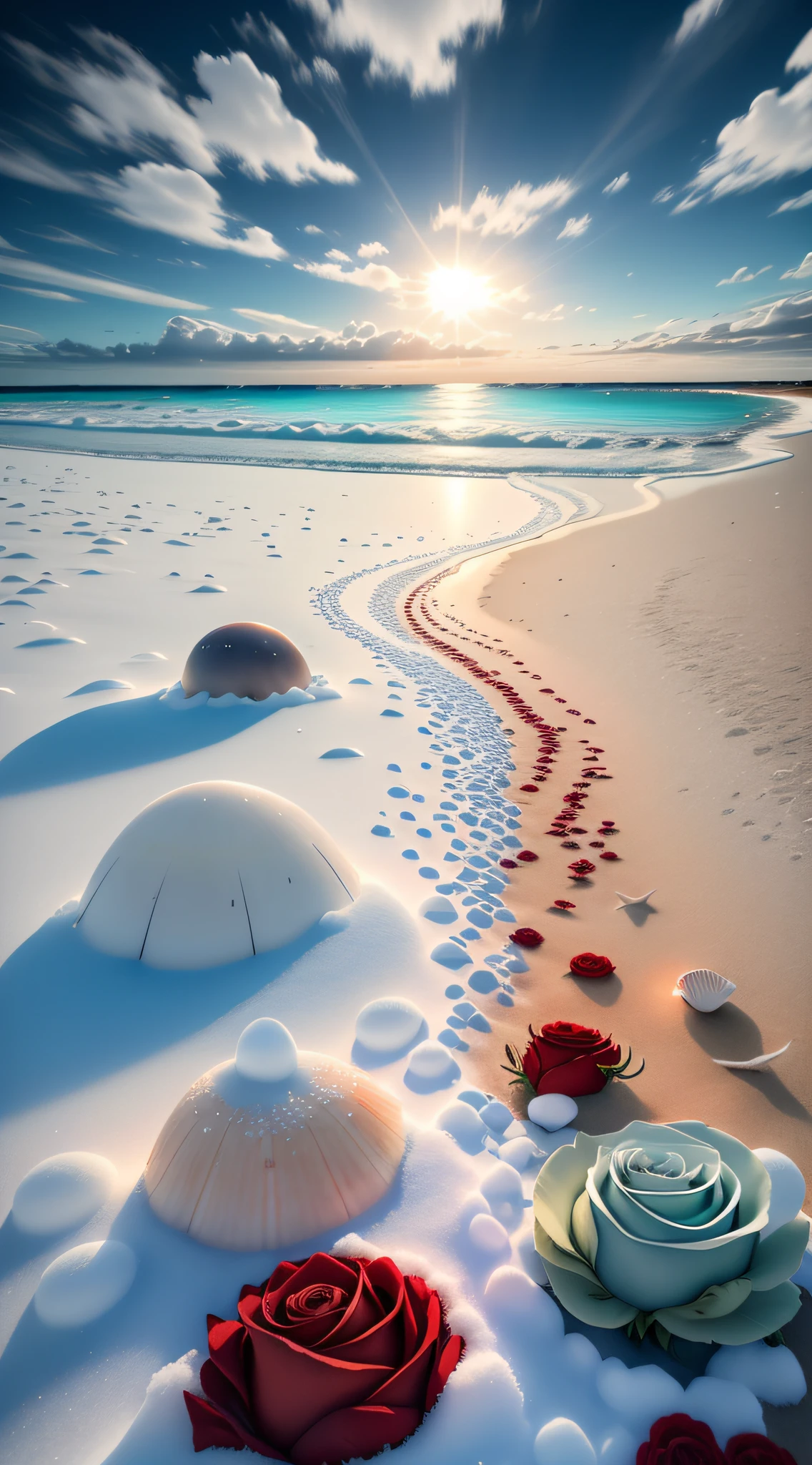 delicate scene,depth of field, 8K, The ivory sky,white clouds,and sunlight shine on the snow-white beach. The coral sea,and many colorful tinny shells on the beach,red roses, roses focus,