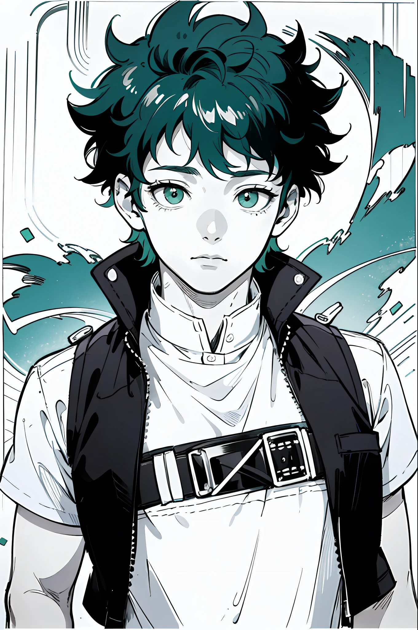 Masterpiece, top quality, 8k, one man, Izuku Midoriya, 16 years old, shirt and vest, shining big green eyes, monochrome, line drawing,