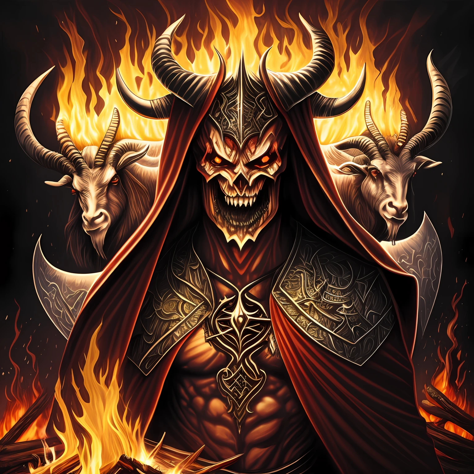 detailed drawing of demon with goat head and long pencil horns, Satanism context and dark rituals, highlight for the male body, sacrifice of a woman around a bonfire,detailed,death metal album cover, --auto