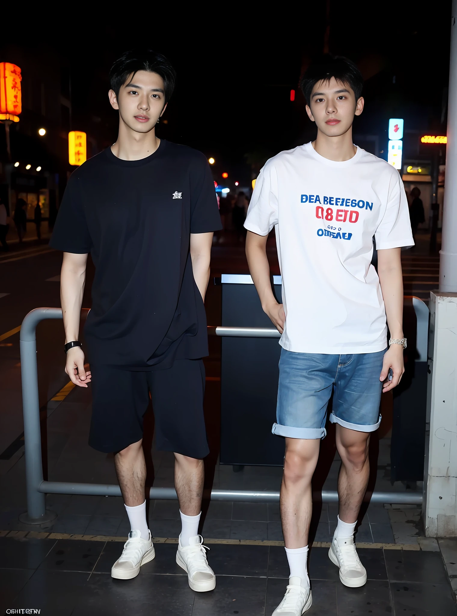 (Chinese Handsome: 1.5), realistic details of two men in cinema, realistic photos, textured skin, looking into the camera, 18 years old boy, studio, Danshi Koukousei, model, long legs, gay couple