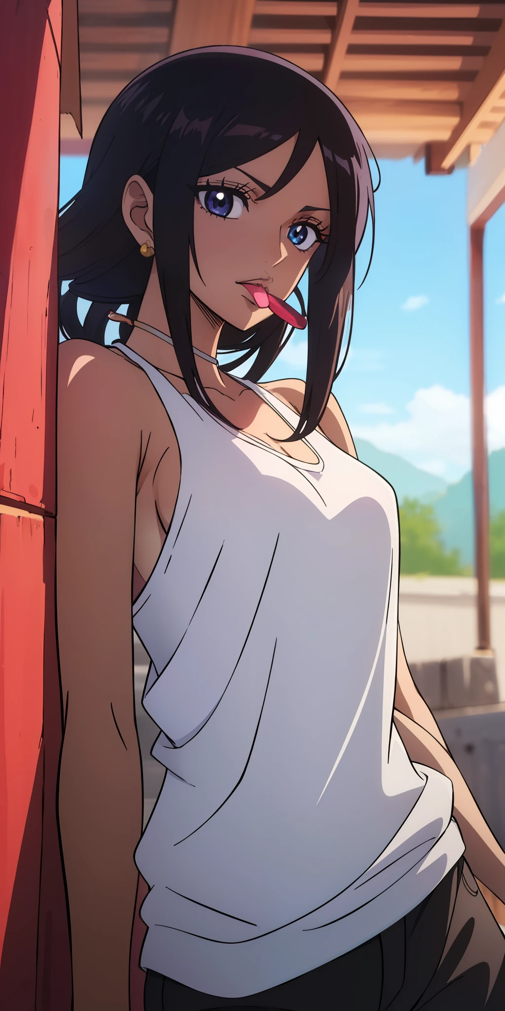 ((masterpiece)), ((best quality)), ((anime profile style)), ((HD 4k)), ((anime character)), girl, dark skin tone, eyes, eyebrow, eyelashes , ear, nose, mouth, lips, giant hair, neck, shoulders, medium breasts, simple casual clothing, arms, bad perfect, viewer's view