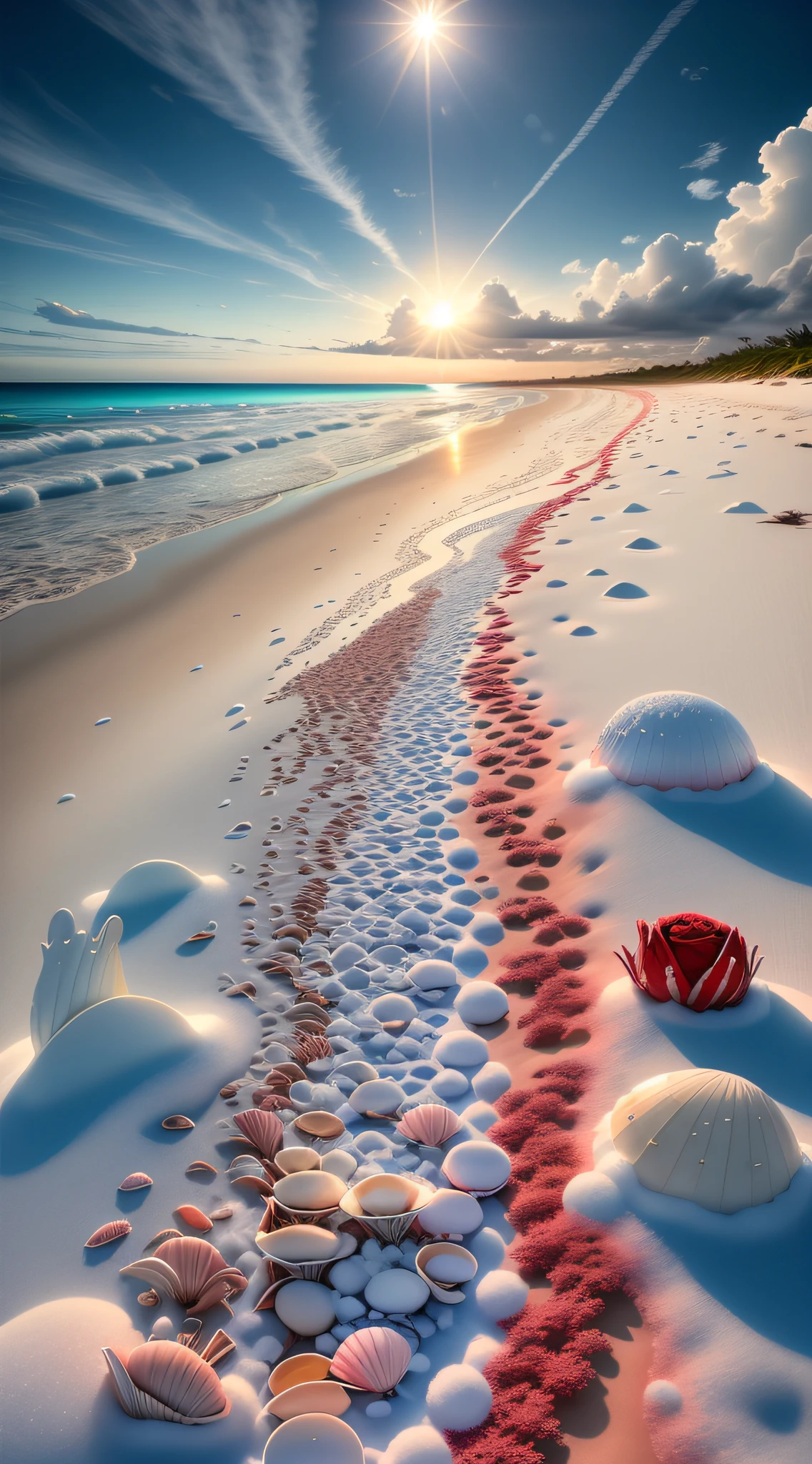 delicate scene,depth of field, 8K, The ivory sky,white clouds,and sunlight shine on the snow-white beach. The coral sea,and many colorful tinny shells on the beach,red roses, roses focus,