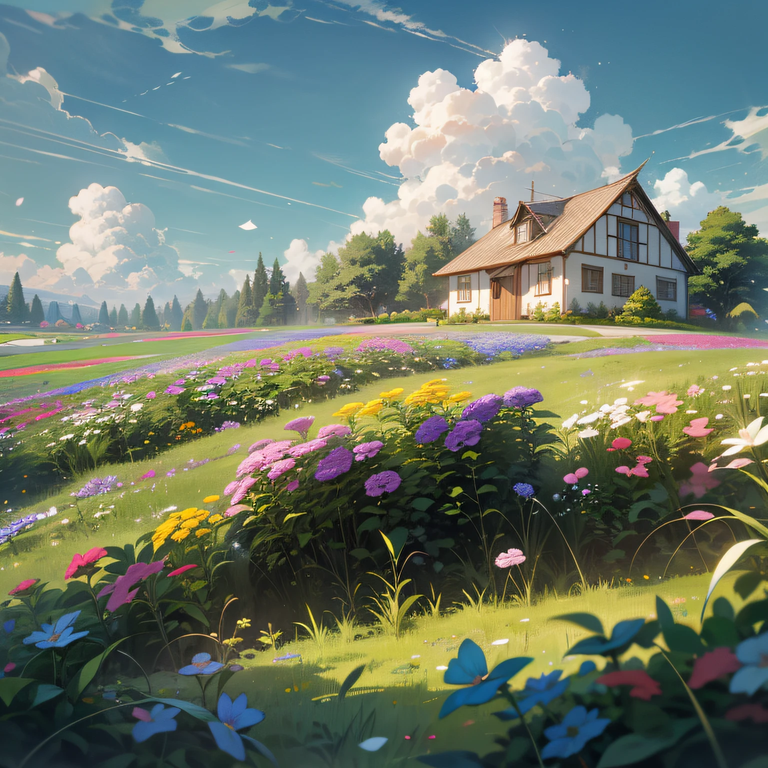 HD high definition, high definition, thick meadow, colorful flowers, blue sky, fluffy white clouds and green trees, in the foreground shimmering with the color of grass and flowers in the sun, a house with a large window a little further away