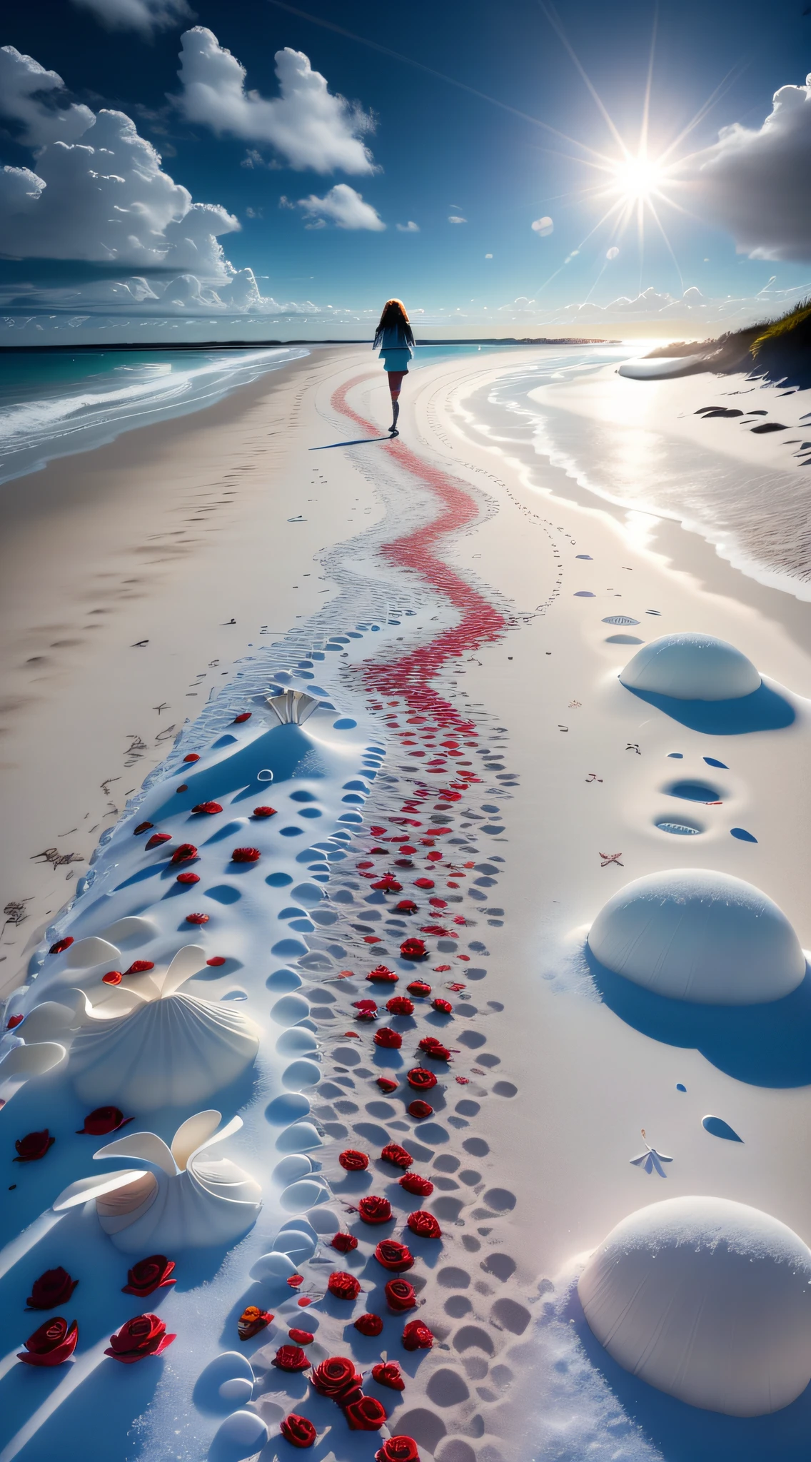 delicate scene,depth of field, 8K, The ivory sky,white clouds,and sunlight shine on the snow-white beach, a girl walking on the beach. The coral sea,and many colorful tinny shells on the beach,red roses, roses focus,