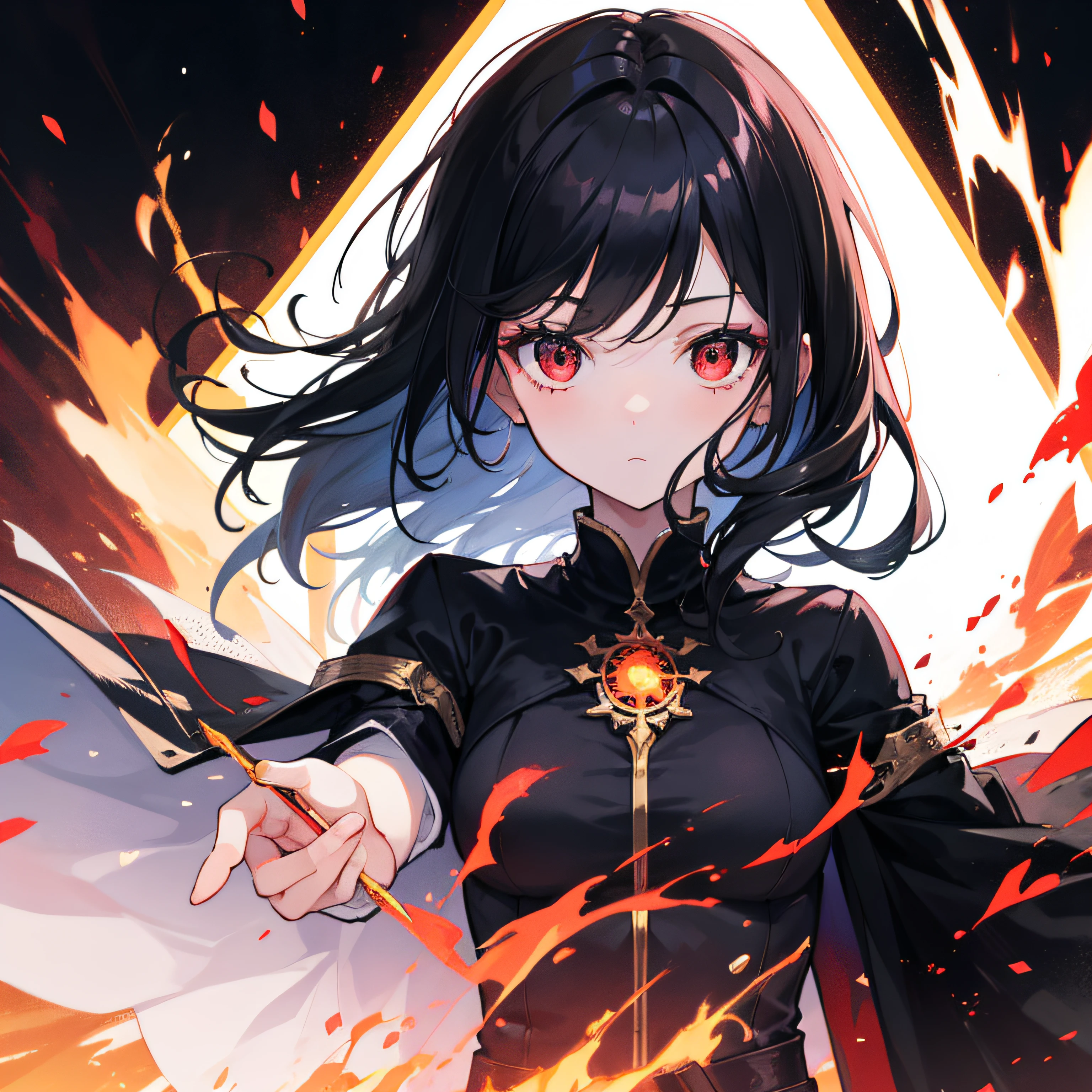 1girl, black hair, red eyes, fire witch, blood, light particles, light rays, wallpaper, high contrast, colorful,