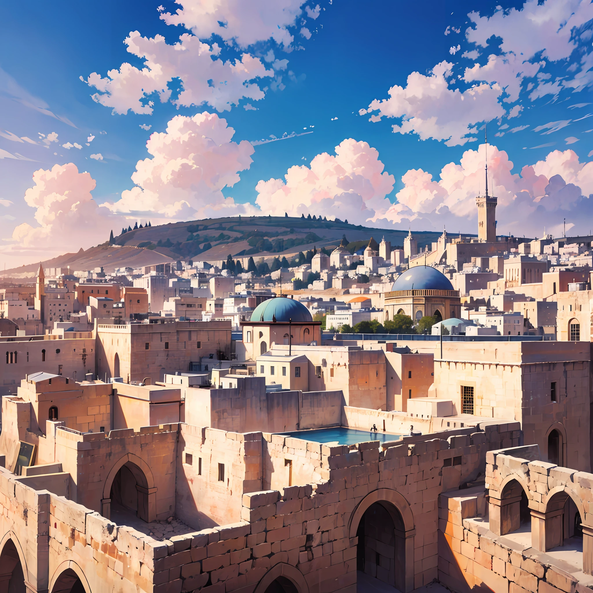 Ancient Jerusalem, from the time of Christ, realistic image, sky with clouds, 16:9, 4K. With King Solomon --auto --s2