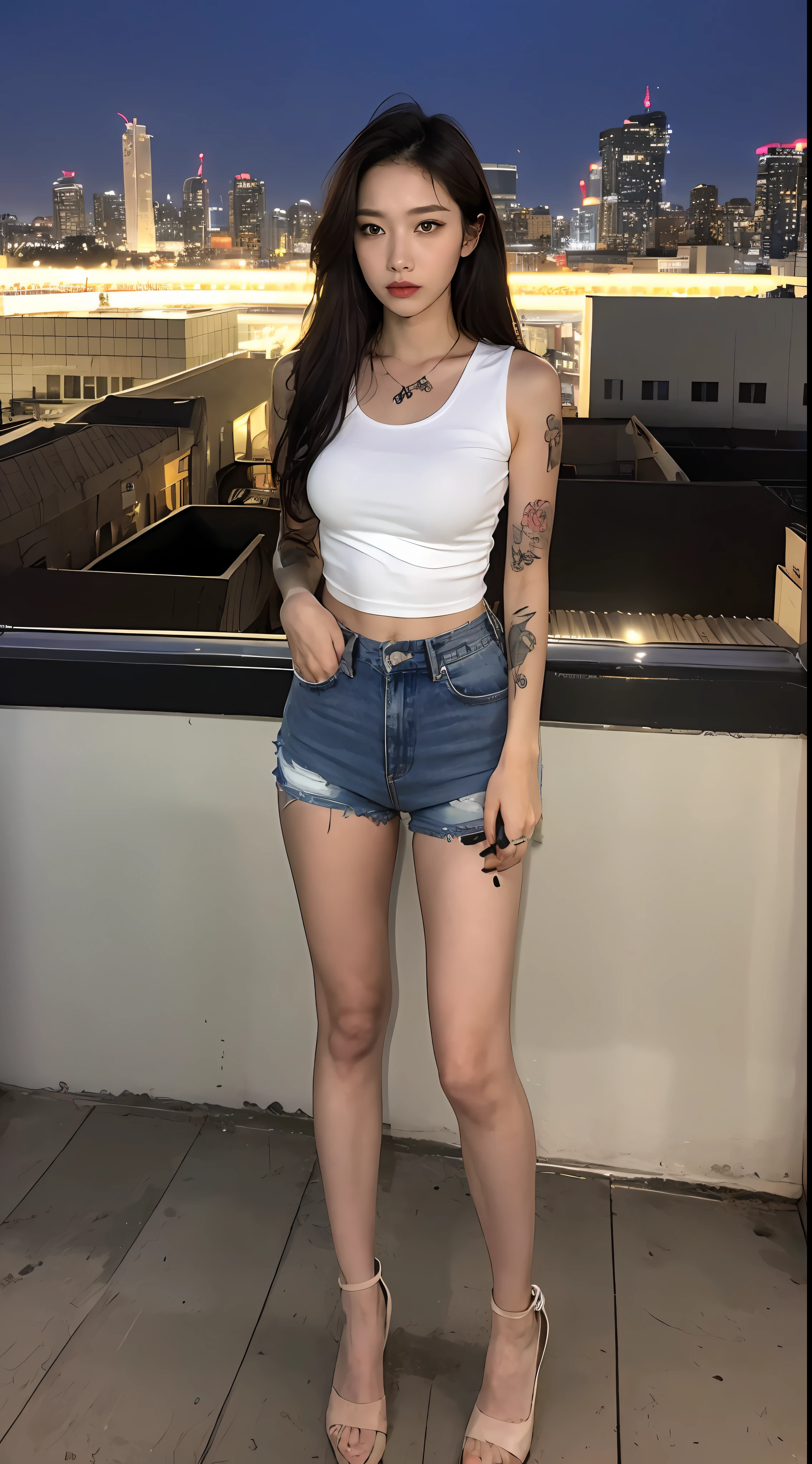 ((Midnight, Acura, 8K, Masterpiece: 1.3)), Full body, Long legs, Focal length: 1.2, Perfect Body Beauty: 1.4, Slim Abs: 1.1, ((Dark Brown Hair, Big Breasts: 1.2 )), (White Skinny T-shirt, Denim Suspenders, Standing: 1.2), ((City Night View, Roof: 1.3)), Highly detailed face and skin texture, Detailed eyes, Double eyelidsThese alluring tattoos of small-faced beauties fascinate and express their soul. In the moonlight, they shine more beautifully and mysteriously.

Capture the glamorous appearance of a beautiful woman with an artistic tattoo. Their uniqueness and beauty seem to spill out of their photos.

Each of their tattoos tells a different story. They work with tattoo artists to create their own designs to express themselves. Each tattoo reflects their personality and experience.

In the moonlight, they shine beautifully. Every time you flip through the photo album, you will revel in the magic exuded by their tattoos. This photo book conveys the charm of beautiful women through the power of tattoo art.