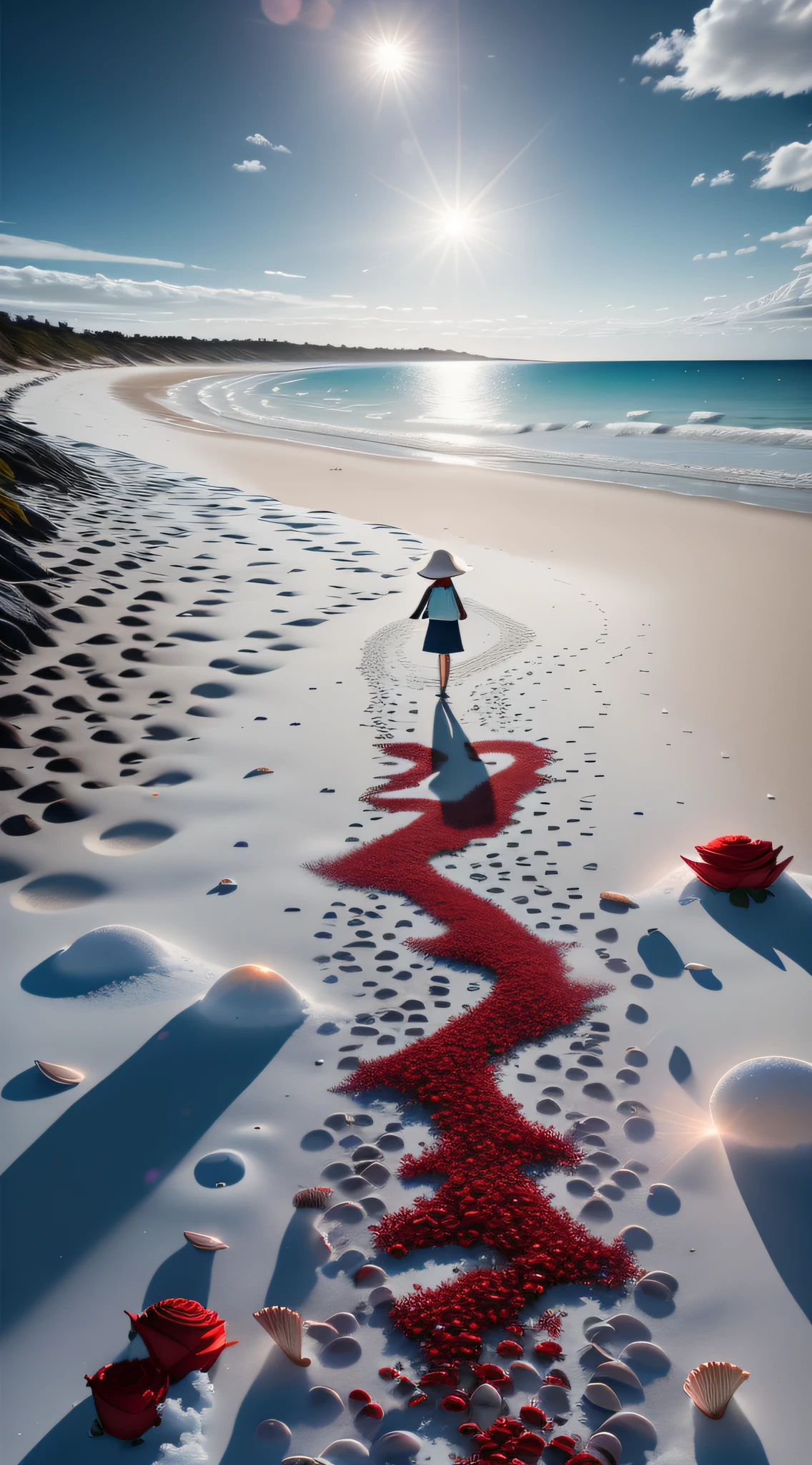 delicate scene,depth of field, 8K, The ivory sky,white clouds,and sunlight shine on the snow-white beach, a girl walking on the beach. The coral sea,and many colorful tinny shells on the beach,red roses, roses focus,