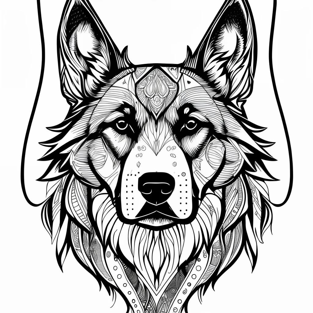 monochrome, adult coloring page, vectorization, mandala, dog (German shepherd) image, white background, clean line art, fine line art