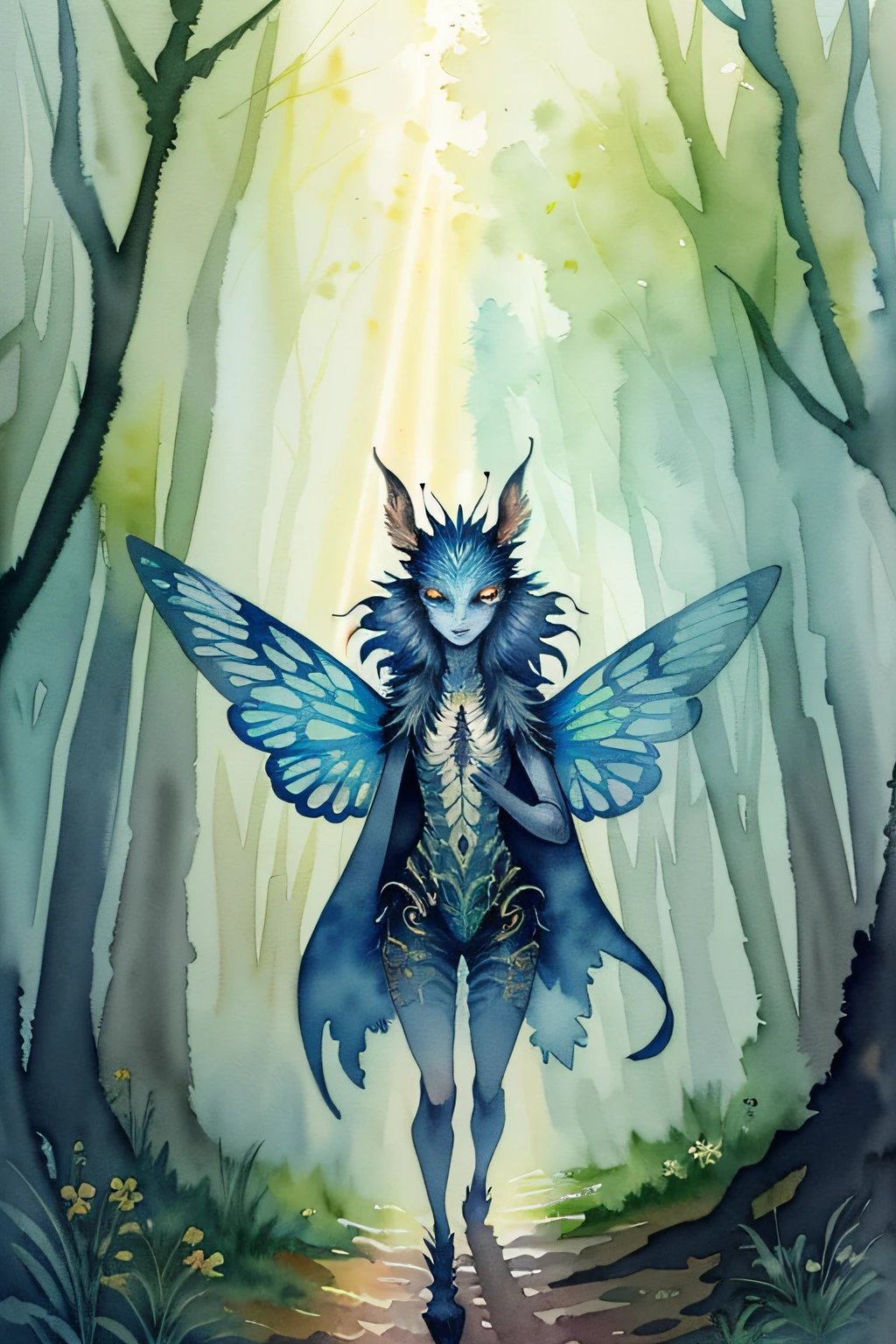 ( watercolor \(medium\), drawing,   IrisCompiet:1.2),painting of  a creature in a mystical forest, butterfly, intricate details, multiples animals, god rays,  sfw