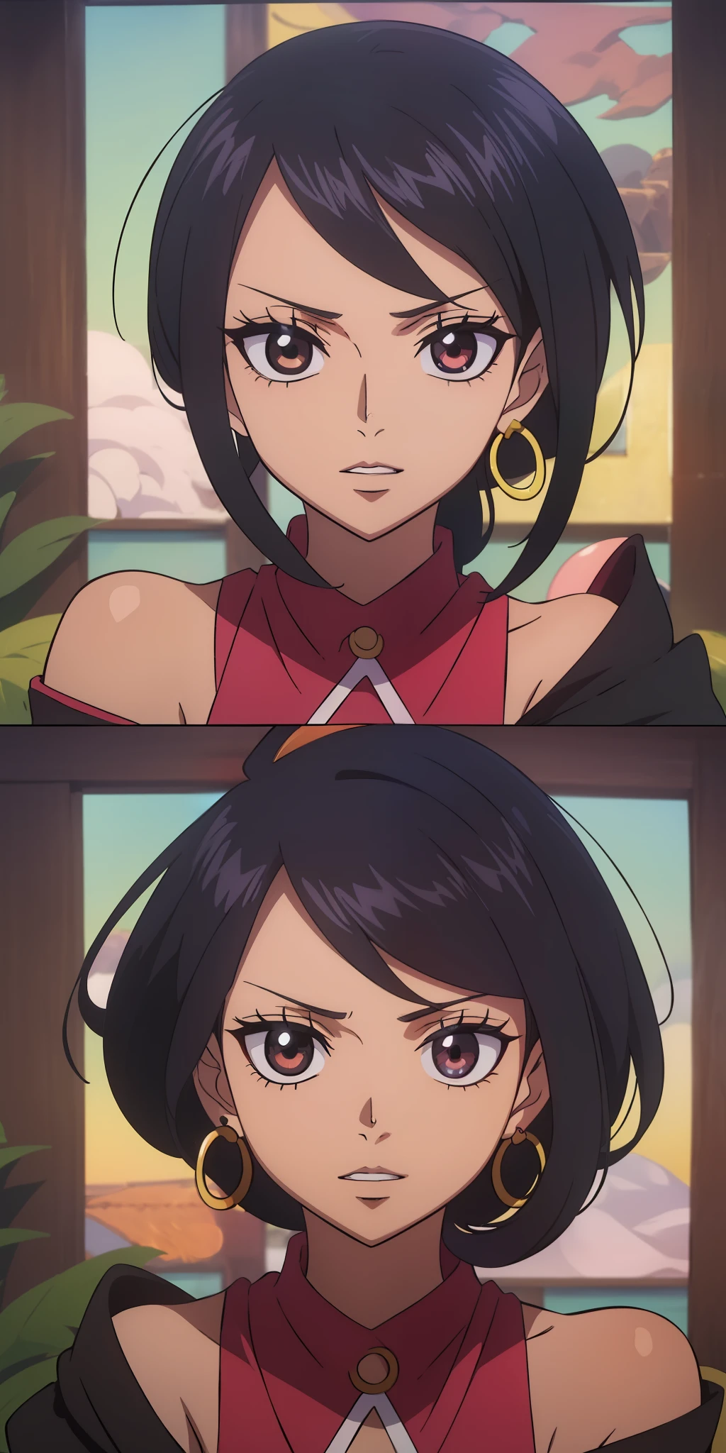 ((masterpiece)), ((best quality)), ((anime profile style)), ((HD 4k)), ((anime character)), girl, dark skin tone, eyes, eyebrow, eyelashes , ear, nose, mouth, lips, giant hair, neck, shoulders, medium breasts, simple casual clothing, arms, bad perfect, viewer's view