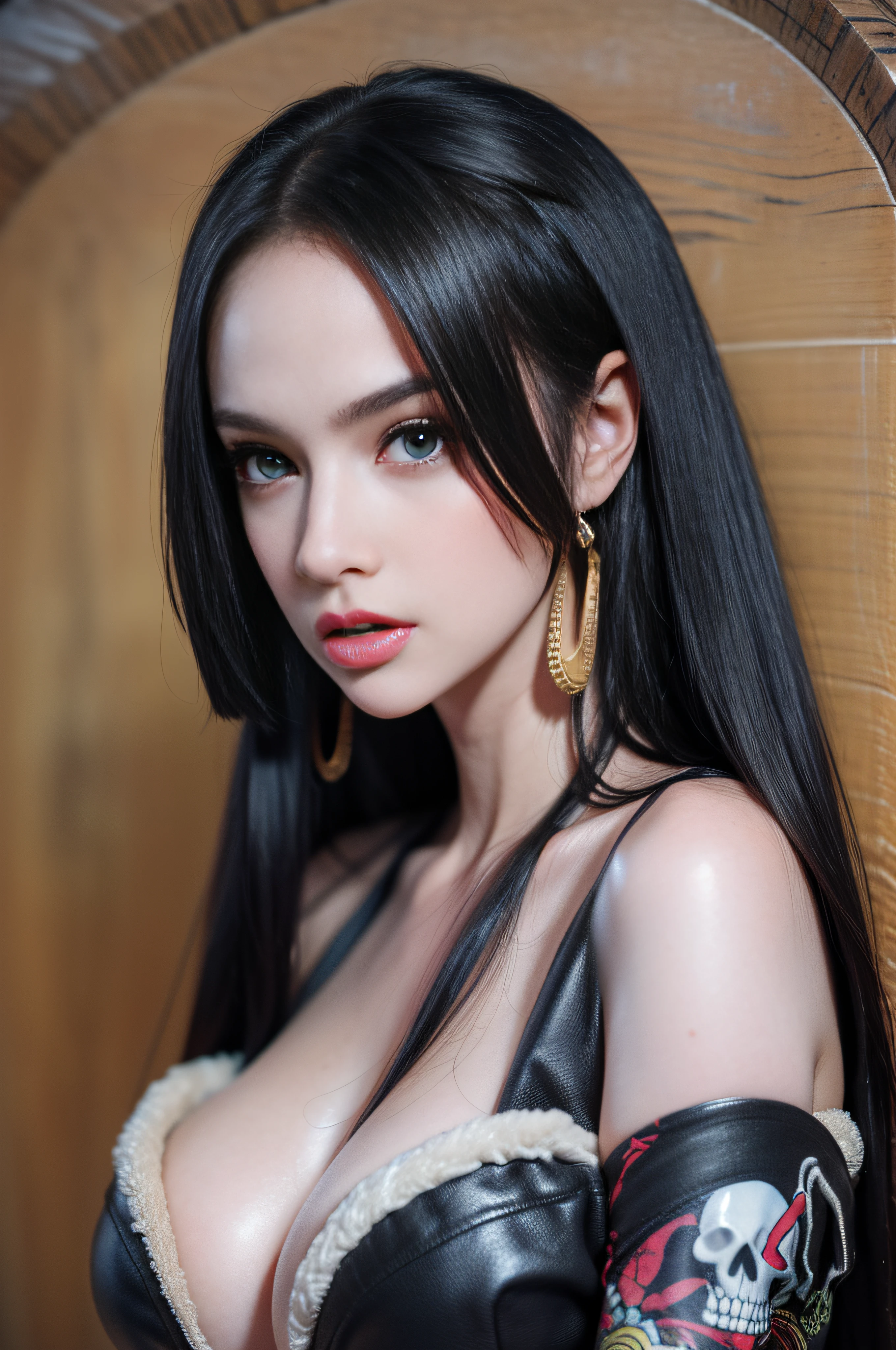 (((masterpiece+best quality+high resolution+ultra-detailed))), boa hancock, long silky black hair, high nose, sharp eyes, noble and inviolable temperament, (([female]: 1.2 + [beauty]: 1.2 + black long hair: 1.2)), snake_skull background, bright eyes, dynamic angle and posture.