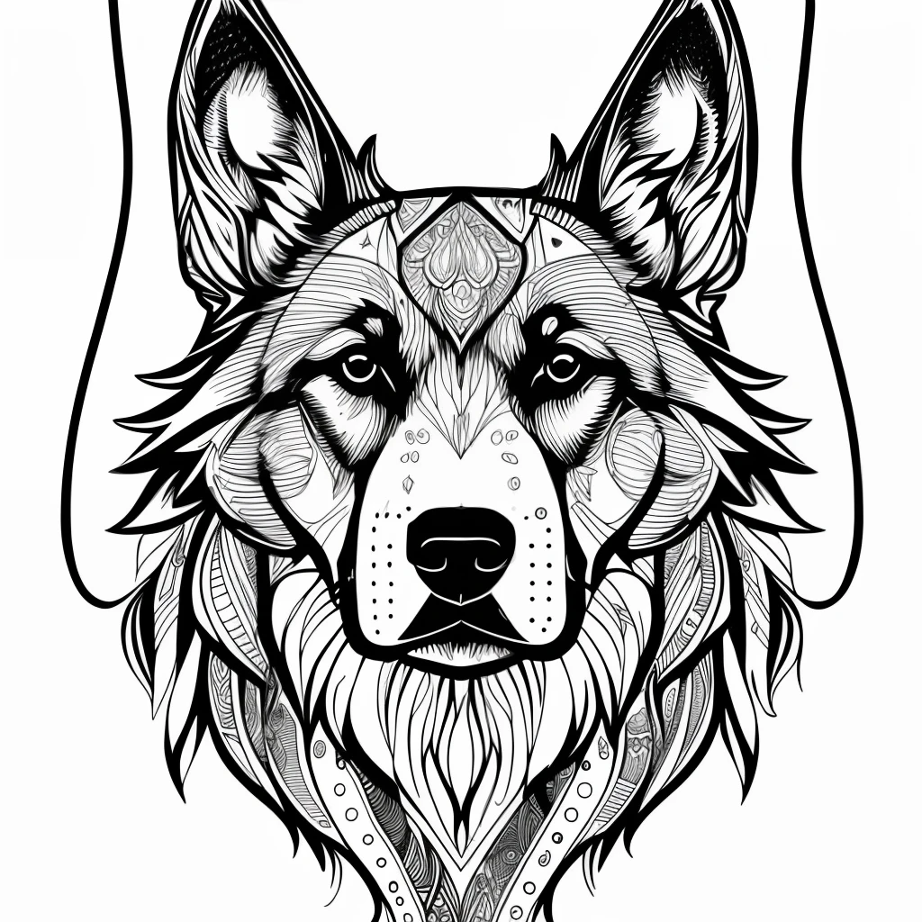 monochrome, adult coloring page, vectorization, mandala, dog (German shepherd) image, white background, clean line art, fine line art