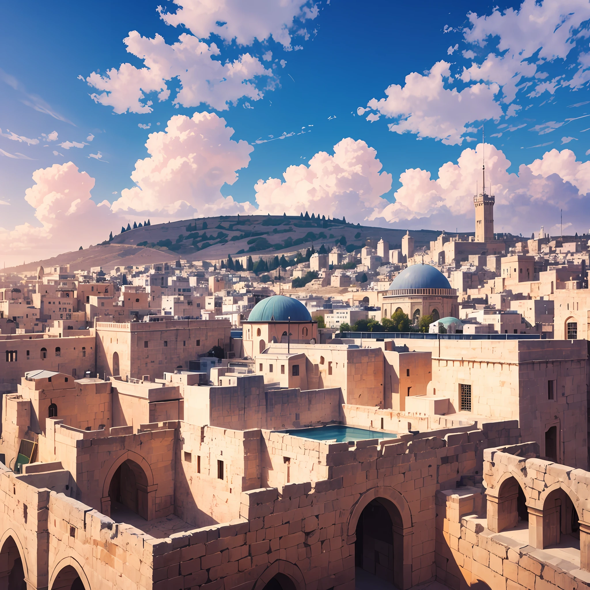 there is a picture of a city with a lot of buildings, jerusalem, ancient city landscape, old city, old town mardin, by Jason Benjamin, mediterranean city, damascus, israel, ancient mediterranean city, holy city | illustration, incredibly beautiful, by joseph binder, middle east, beautiful cityscape, colorful ancient egyptian city, in a city with a rich history