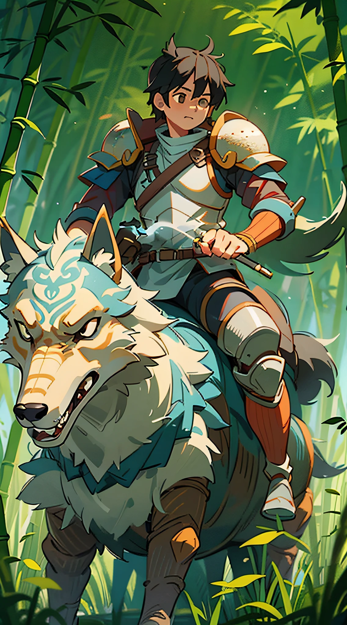 Anime - Style illustration of a man riding a wolf in the forest, holding a gossip stick, riding a giant silver wolf, wolf armor, studio Gibri style ghost, human art, JC Leyendecker and Sachin Teng, fox inspired armor, Robrey and Miura Kentaro style, ghost, by Ryan Yee, complete art illustration