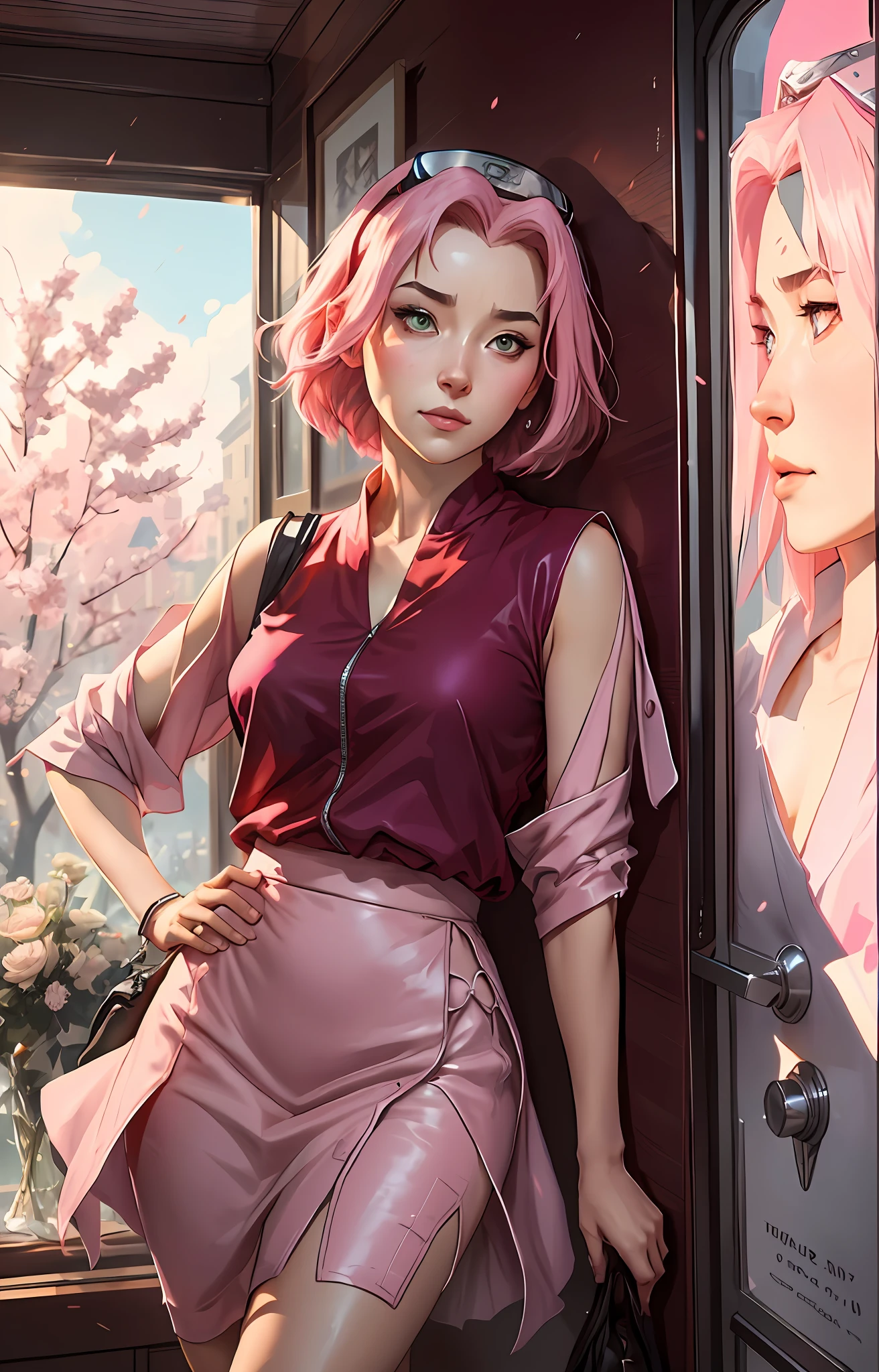 Sakura haruno, ((solo)), alone, ((forehead the show)), elegant,wearing a red blouse and a light pink skirt, Sakura haruno in Naruto Shippuden, she is charming, attractive, pink hair, delicate, young, short hair, detailed, high definition, ((full body)), full body, ((serious)), she is in her house looking at a picture, looking at the viewer, she is a beautiful woman , Beautiful and nice woman, beautiful, beautiful, high quality, defined eyes, high definition, sharp, sharp features, beautiful, red bow in hair,trending on artstation, by rhads, Andreas Rocha, Rossdraws, Makoto Shinkai, Laurie Greasley, lois van baarle, ilya kuvshinov and greg rutkowski