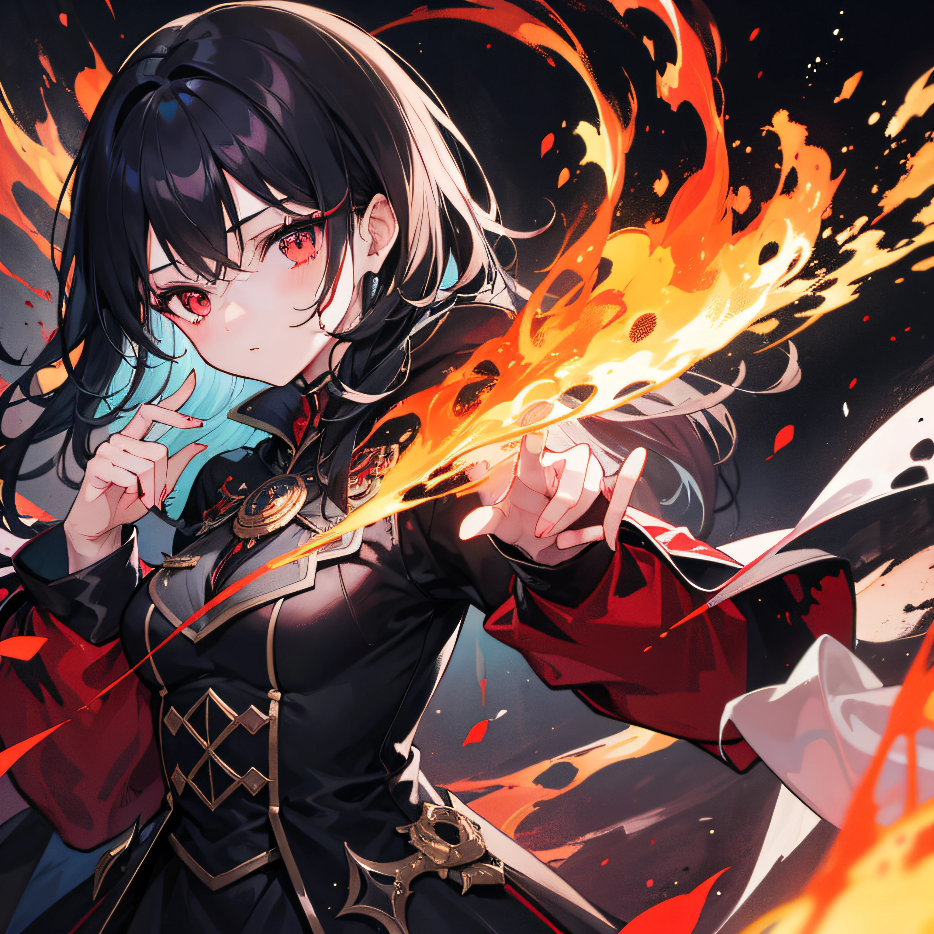 1girl, black hair, red eyes, fire witch, blood, light particles, light rays, wallpaper, high contrast, colorful,