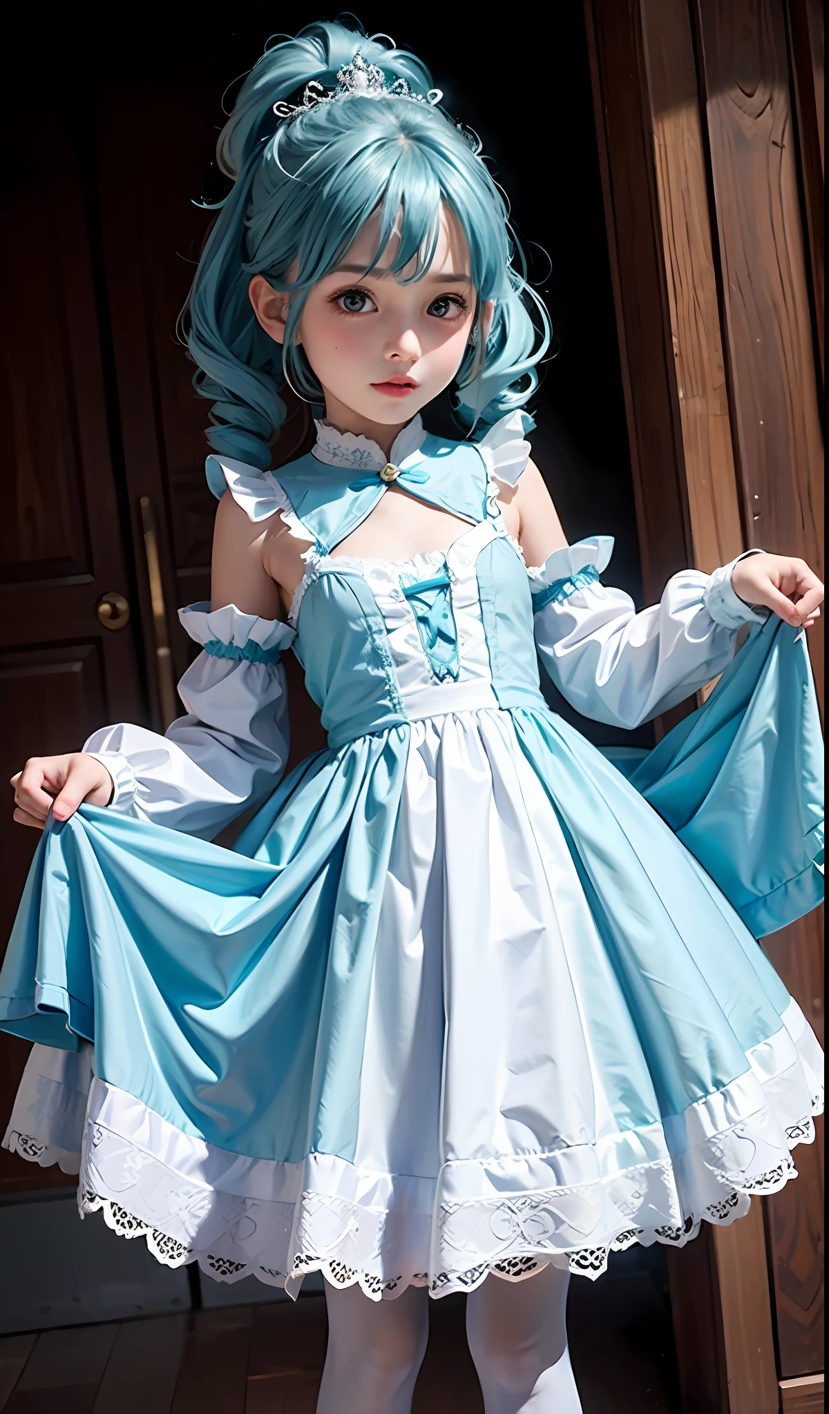 High resolution, extremely detailed, facial enhancement, mansion, loli, young girl, ((twin drills)), sky blue hair, light blue hair, curly hair, an innocent and cute -year-girl,incess dress, white stockings,