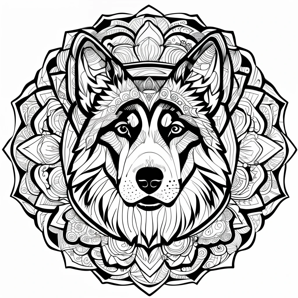 monochrome, adult coloring page, vectorization, mandala, dog (German shepherd) image, white background, clean line art, fine line art