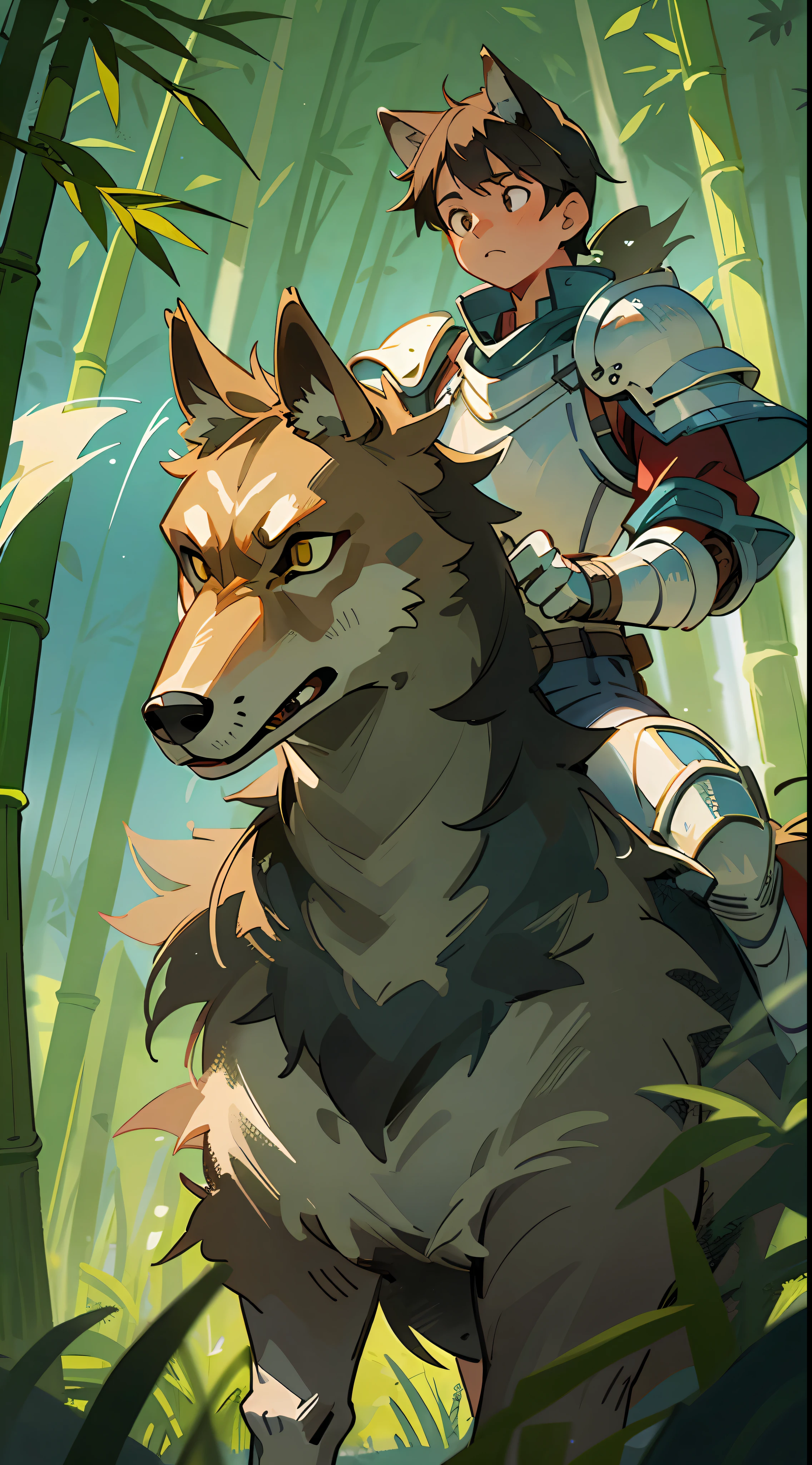 RAW photo, best quality, realistic, photo-realistic, steppe, a boy riding on the back of a wolf, knight, night, bamboo forest, meadow