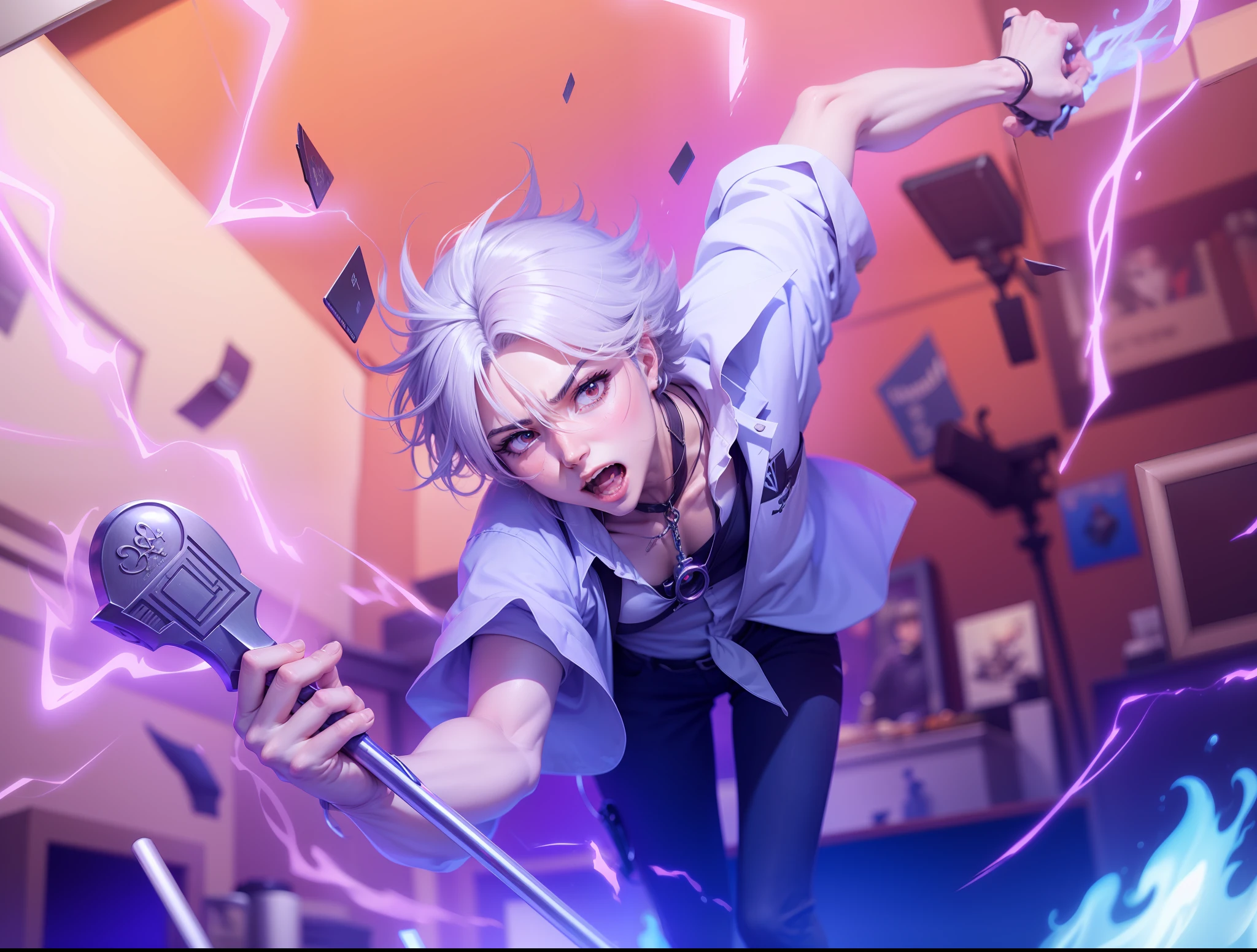 High Quality, Realistic Anime, Anime-Style Image of Man With Mike, Girls Frontline, Hypnosis Mike's Blue Coffin Left Horse Engraving, Best Anime 4K Konachan Wallpaper, Trigger Anime Art Style, Key Anime Art, Digital Art of Hypnosis Mike, Hi-Res, Solo