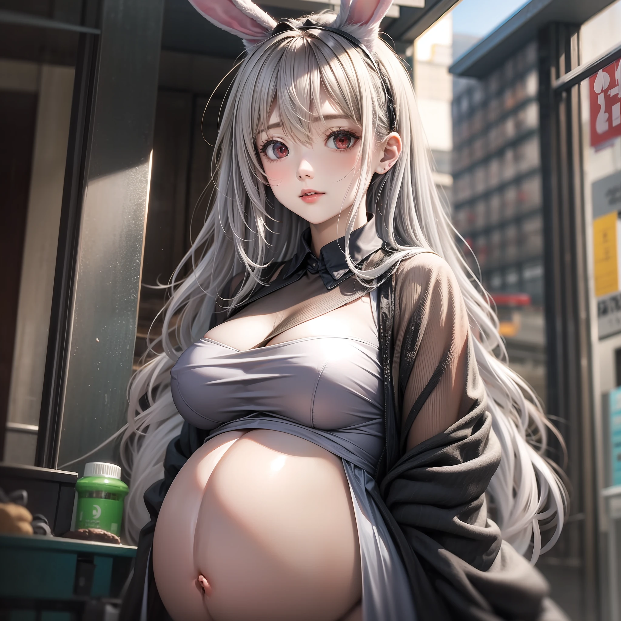 Silver-haired red eyes, a group of women, pregnant, pregnant belly, bunny girl