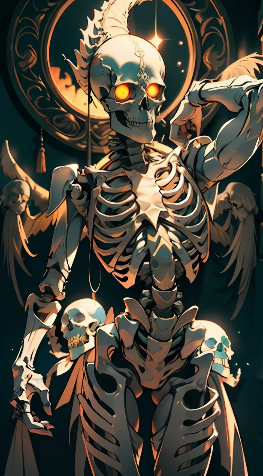 Skeleton Man, intricate carving, glowing eye sockets, pile of skeletons, (detailed background: 1.3), backlit, serious eyes, masterpiece portrait, masterpiece, best quality, intricate detail, absurd,