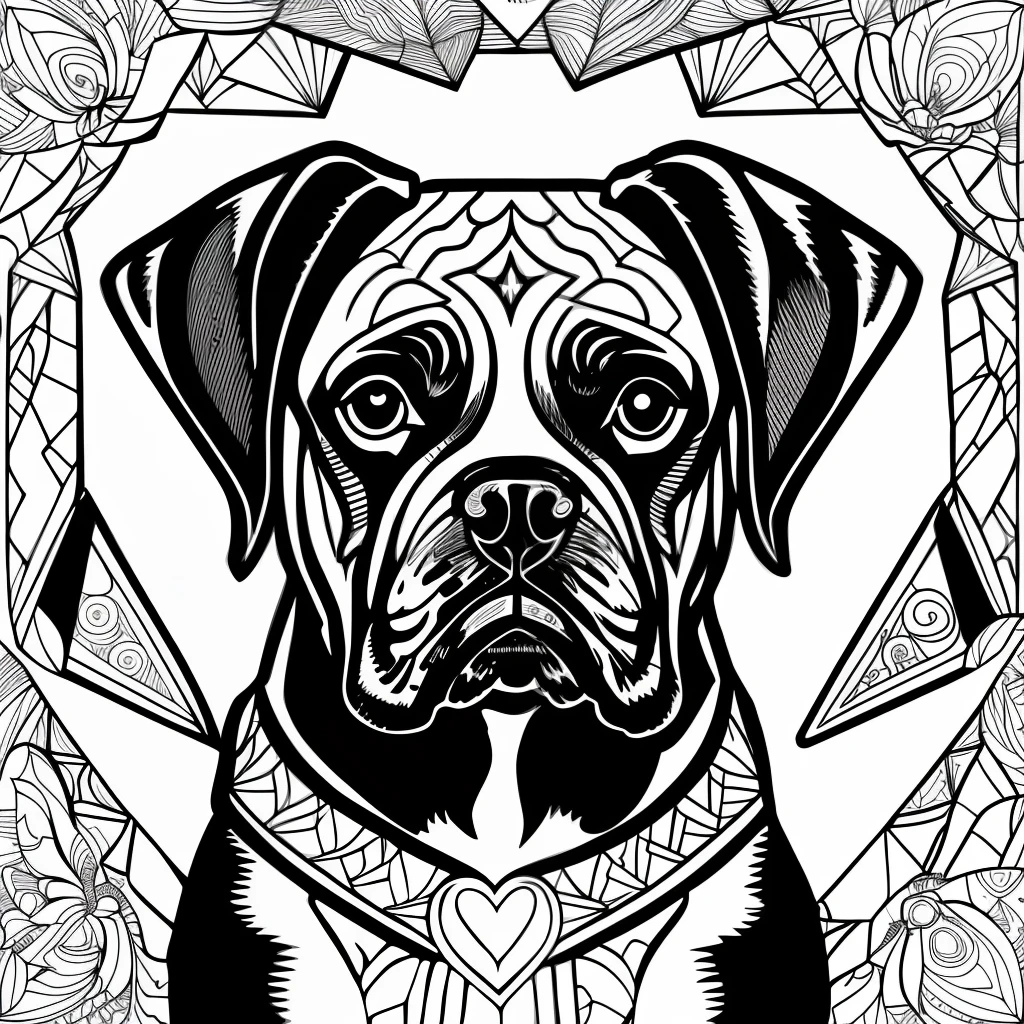 monochrome, adult coloring page, vectorization, mandala, image of dog (boxer), white background, clean line art, fine line art