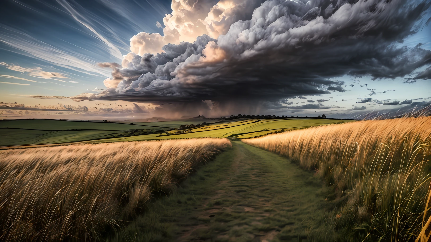 ((Masterpiece)), ((Best Quality)), ((Ultra Detailed)), (Amazing:1.1), Beautiful, Nature, Sky and Ground, Gale, Wind Blowing, Line Cloud, Light Shooting Out of Clouds, In Lush Landscape, Award Winning Photo, Toshiba PDR M70 Boo
