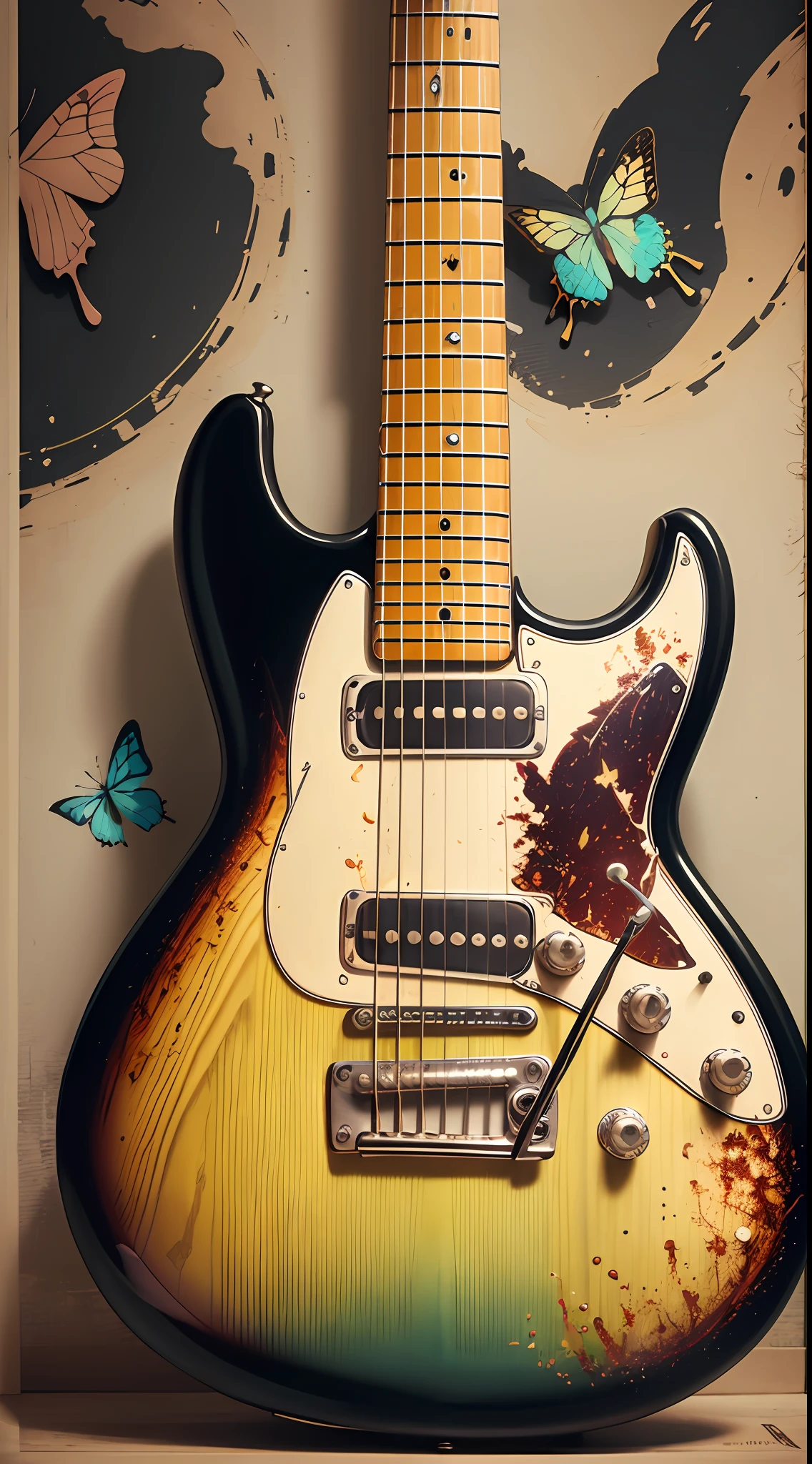 Poster advertised a classic guitar, faded background of subdued colors, multicolored butterflies surround the guitar, musical notes flying around the guitar, slight fog in front of the guitar, many details, black lines furtes, 32 k --auto --s2