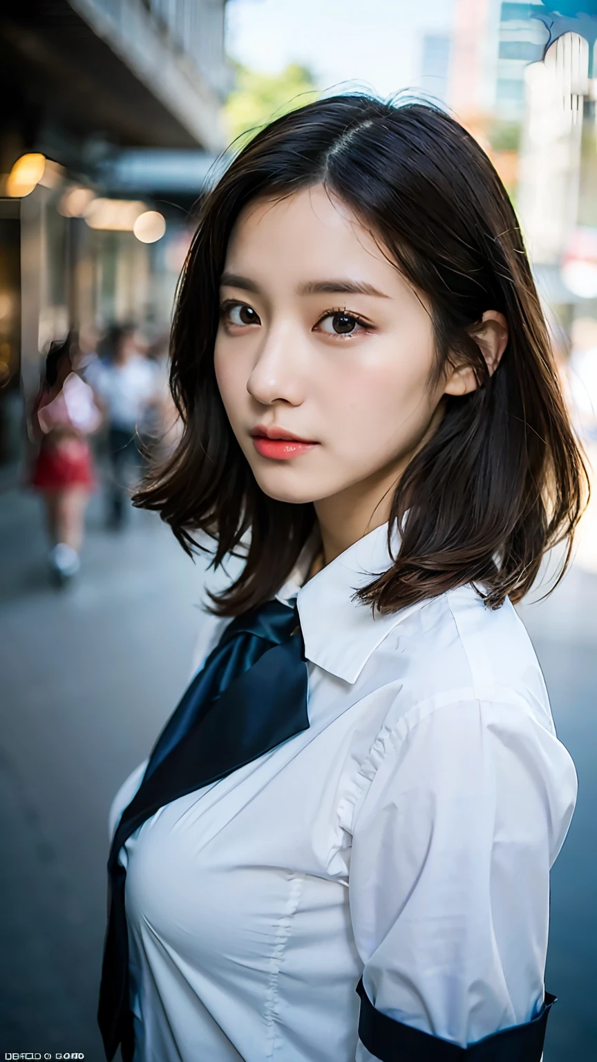 (8k, RAW photos, top quality, masterpiece: 1.2), ultra detailed, super resolution, (real, real photos: 1.37), portraits, high definition RAW color photos, professional photos, very detailed and beautiful, highly detailed, 8k wallpapers, amazing details, huge file size, official art, highly detailed CG Unity 8k wallpapers, highly detailed beautiful girls, highly detailed faces, Very detailed eyes, very detailed skin, very detailed fingers, very detailed nose, very detailed detailed mouth, very beautiful face and eyes, tall beautiful beautiful woman walking around the city in uniform, huge breasts, (loli: 1.23), JK uniform, seifuk, cute core, high school girl, korean girl, city, morning