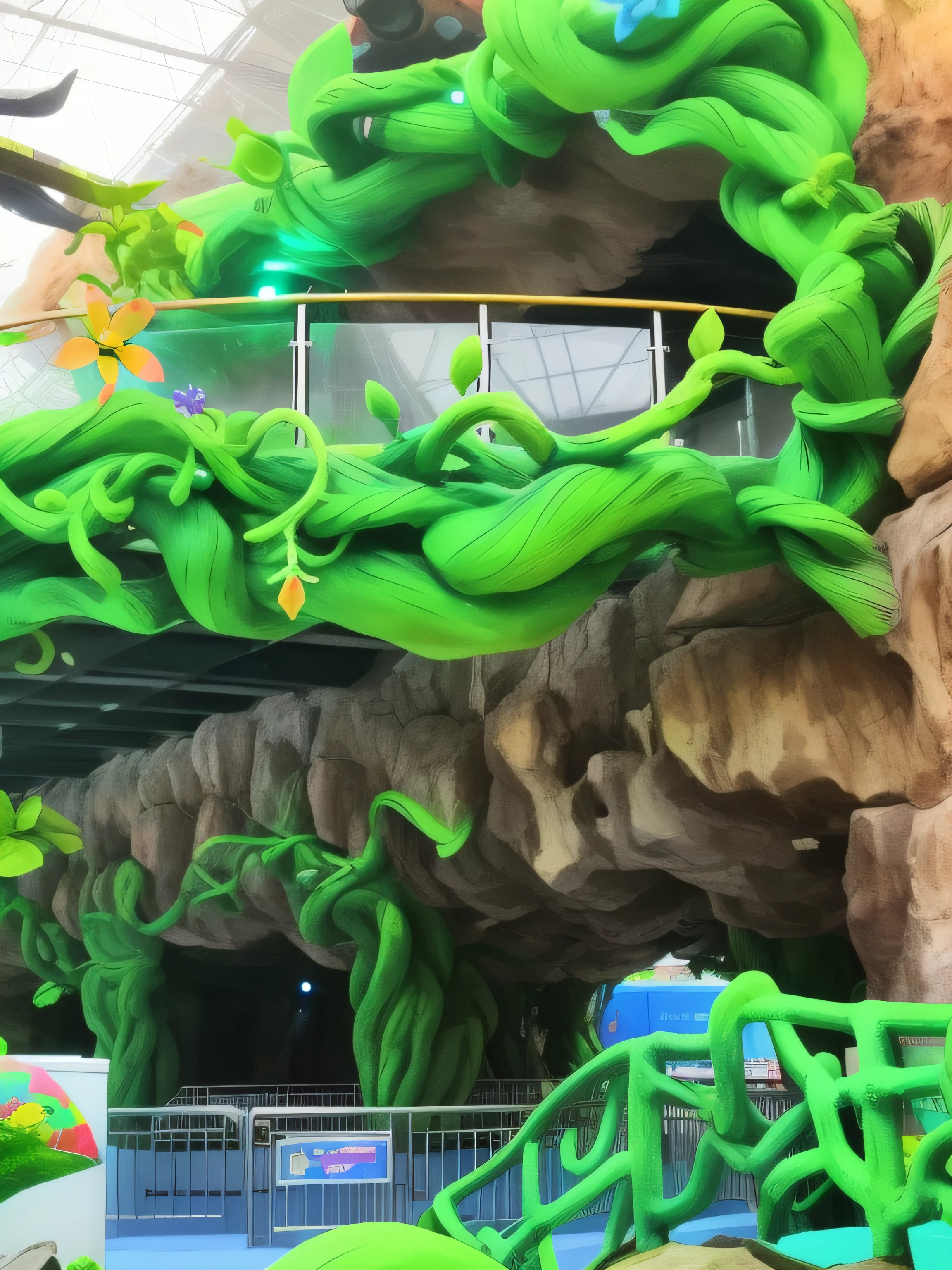 there is a large green tree with many green leaves on it, flying trees and park items, amusement park interior design, alien forest in background, pandora jungle, inflatable landscape with forest, inside an alien jungle, alien colorful greenery, fantasy magical vegetation, the jungle at the background, alien foliage plants, vegetation tentacles, floral jungle treehouse, alien jungle forest, jungle setting --auto