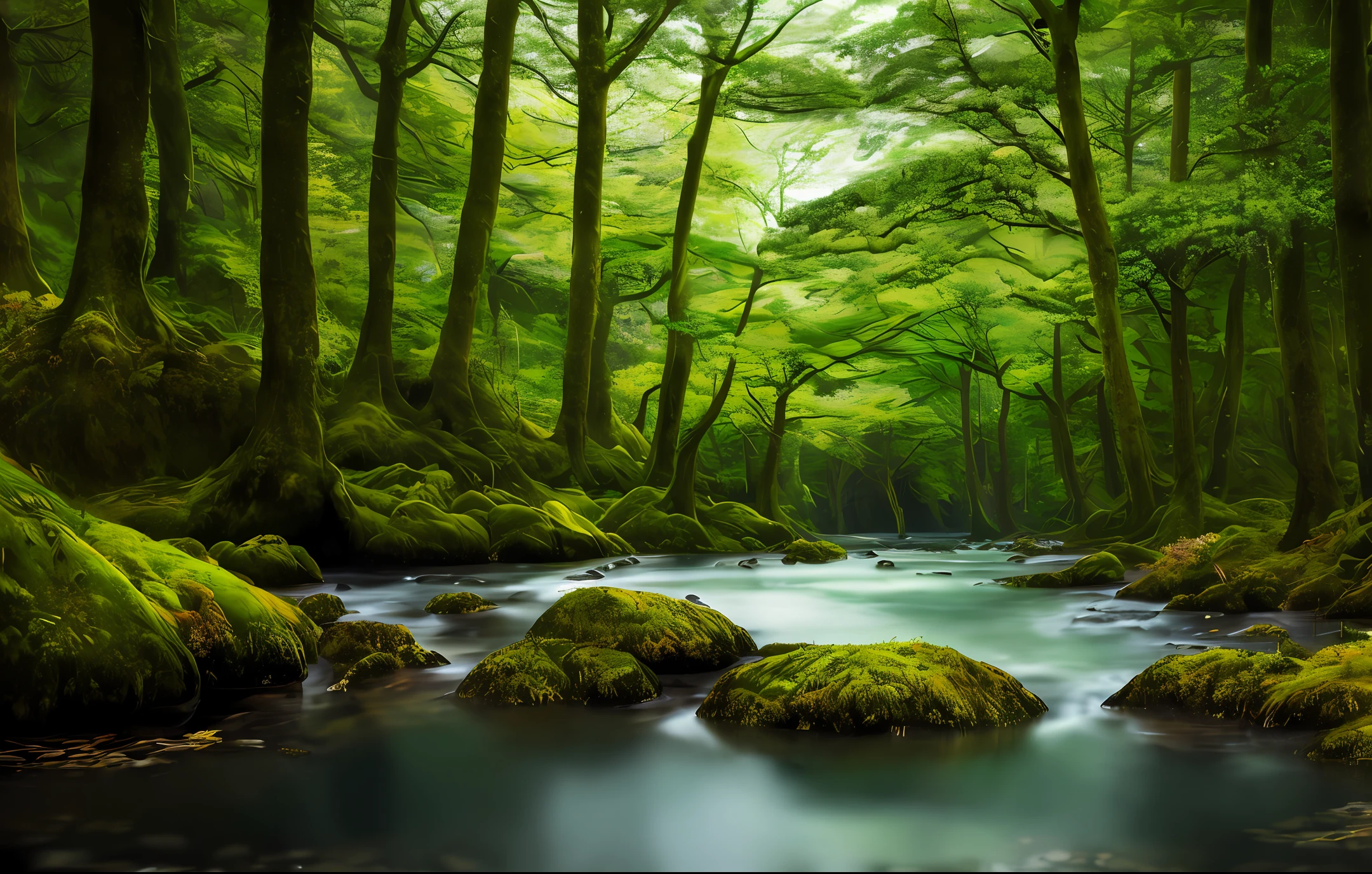 Top quality, masterpiece, ultra high resolution, Japan forest, surrounded by moss and trees, beautiful lake, very delicate depiction, in dark and deep shadows, in discreet and cold light, fantastic, truth