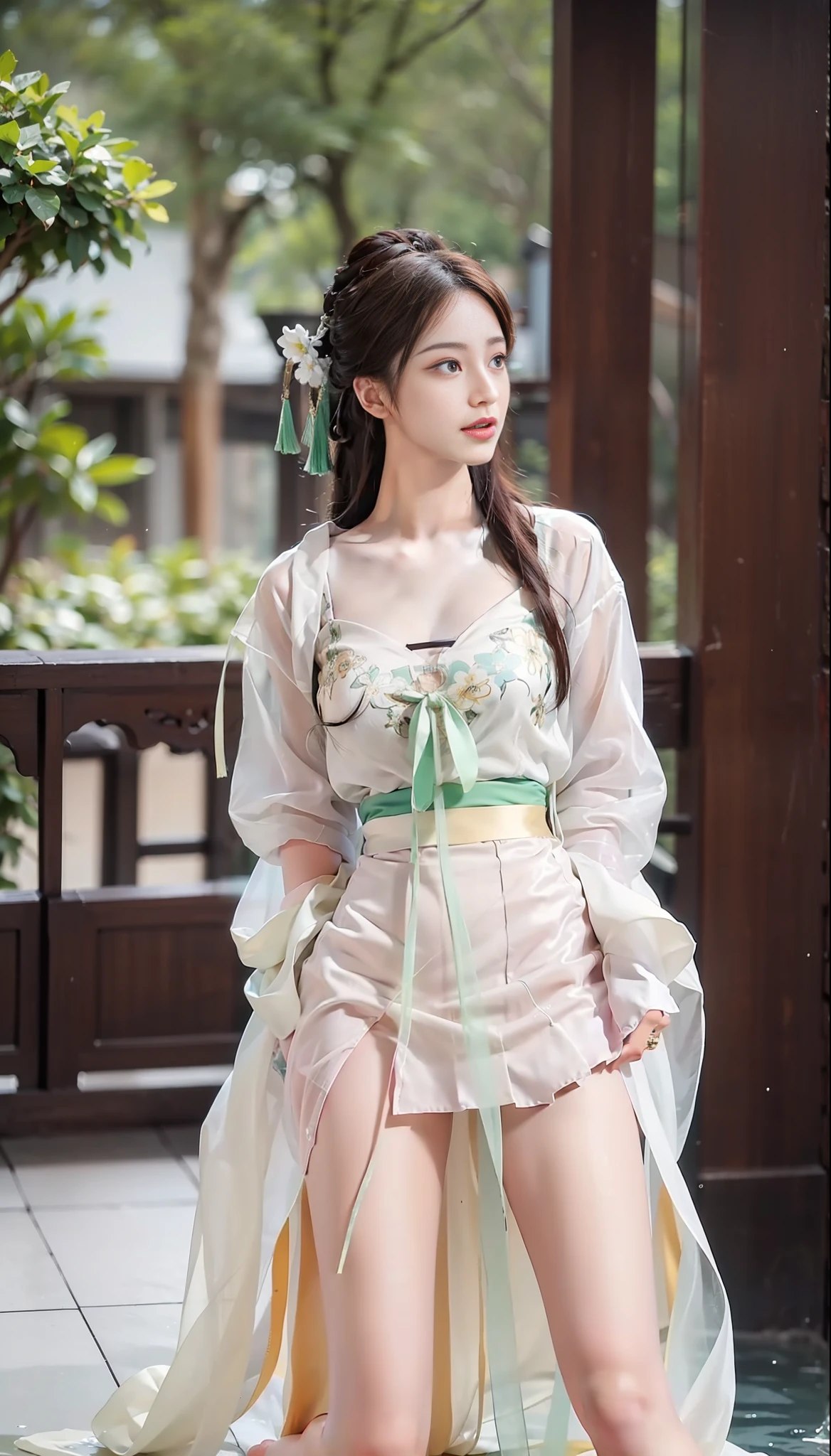 1girl, solo, brunette hair, ,(blood volume: 1),, full body,, (realism: 1.4), official art, unreal 8k wallpaper, super detailed, beautiful aesthetics, masterpiece, best quality, (dynamic angle: 1.4), , elegant, bright colors, romantic, sexy, transparent, see-through, chinese hanfu, bare breast, (transparent skirt), barefoot, (wet), (sheer), (liquid flowing down the thighs), green and white skirt, ((hands tied behind the back))