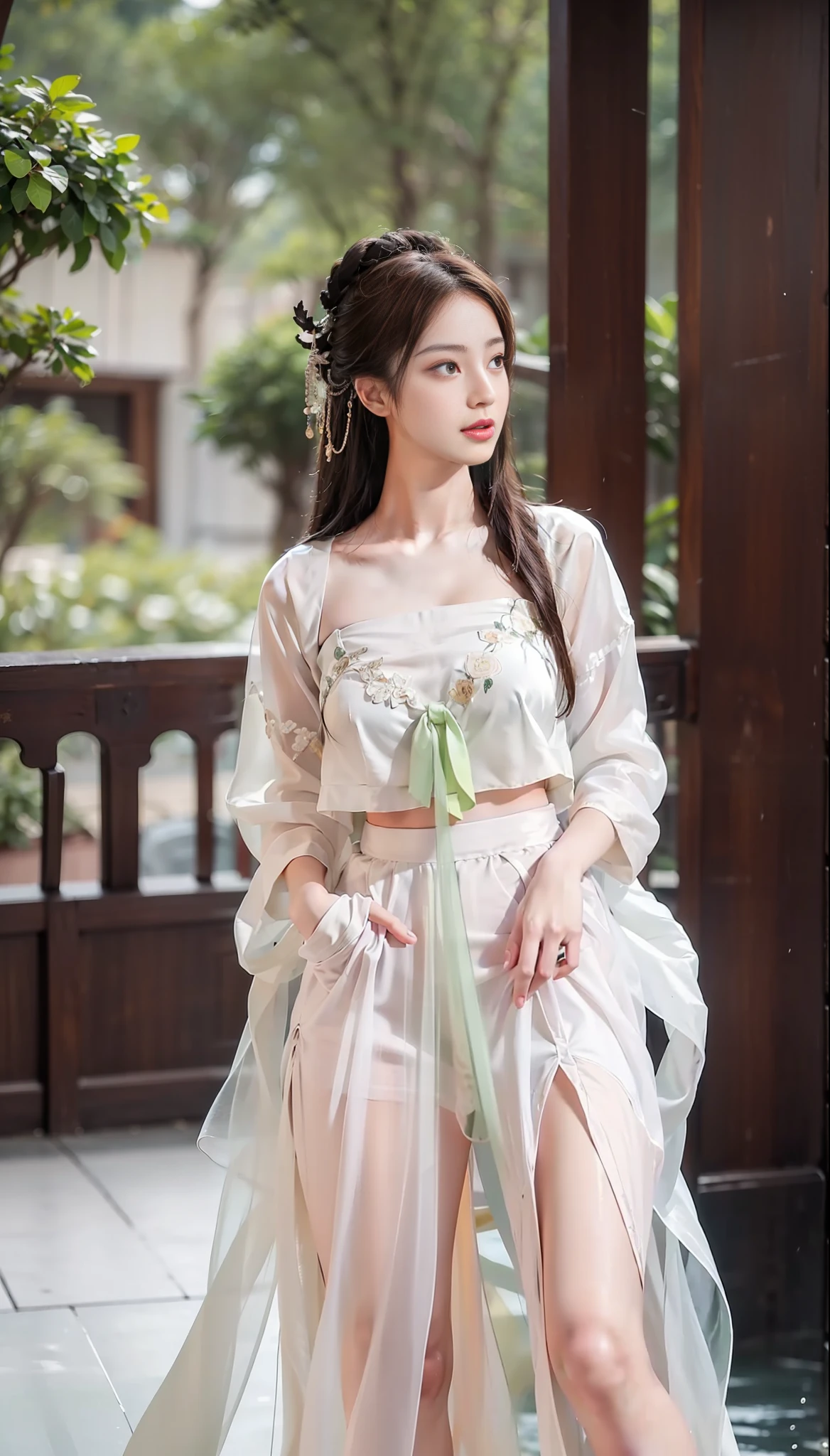 1girl, solo, brunette hair, ,(blood volume: 1),, full body,, (realism: 1.4), official art, unreal 8k wallpaper, super detailed, beautiful aesthetics, masterpiece, best quality, (dynamic angle: 1.4), , elegant, bright colors, romantic, sexy, transparent, see-through, chinese hanfu, bare breast, (transparent skirt), barefoot, (wet), (sheer), (liquid flowing down the thighs), green and white skirt, ((hands tied behind the back))