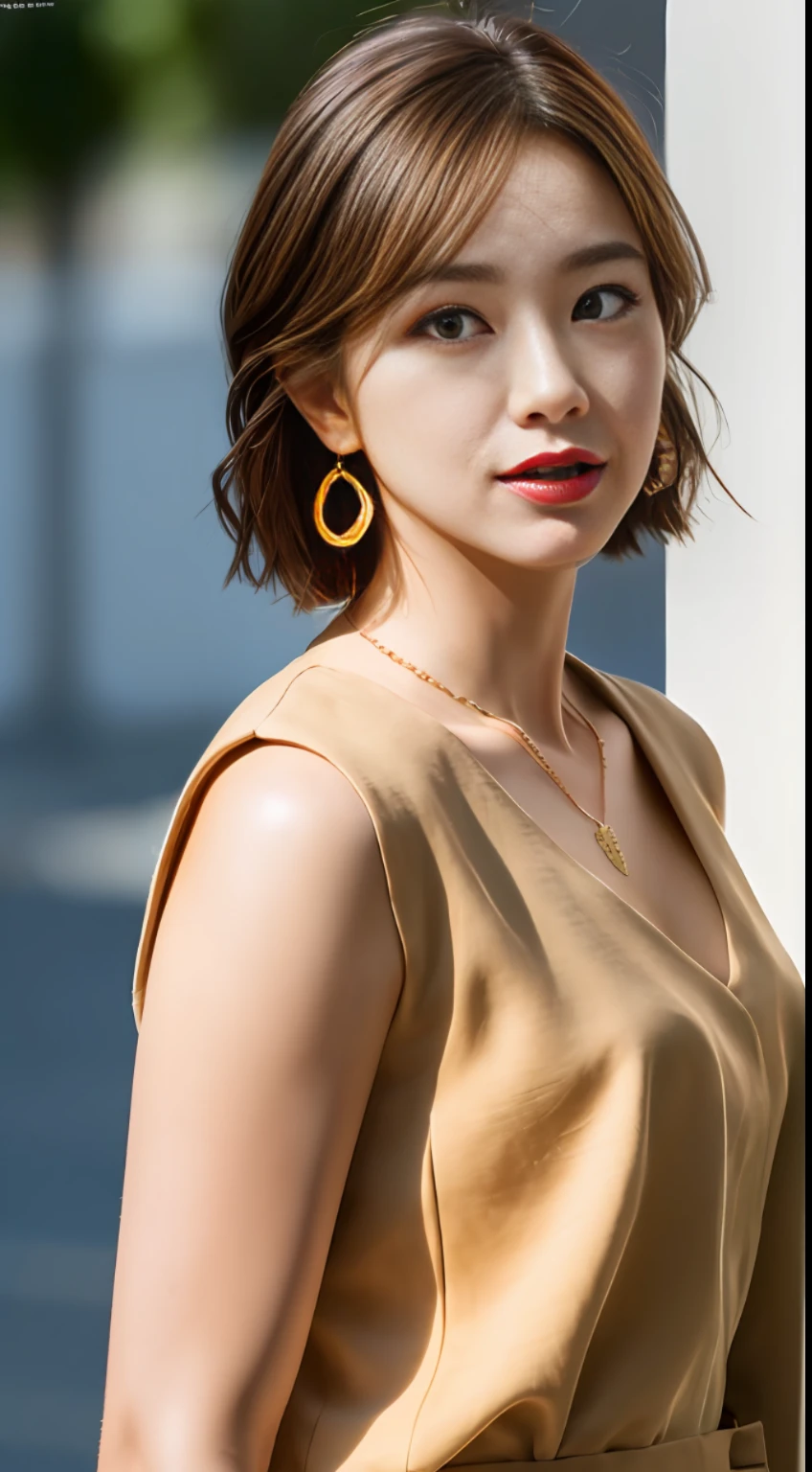 wake-up, necklace, earrings, full body, short brown hair and small suit, excellent, ultra hd, raw photo, realism: 1.25), (bright lip gloss, long eyelashes, smooth face, bright skin, natural shadow, wide light, wide light, depth of field, intense color, subtle caustics: 0.8)