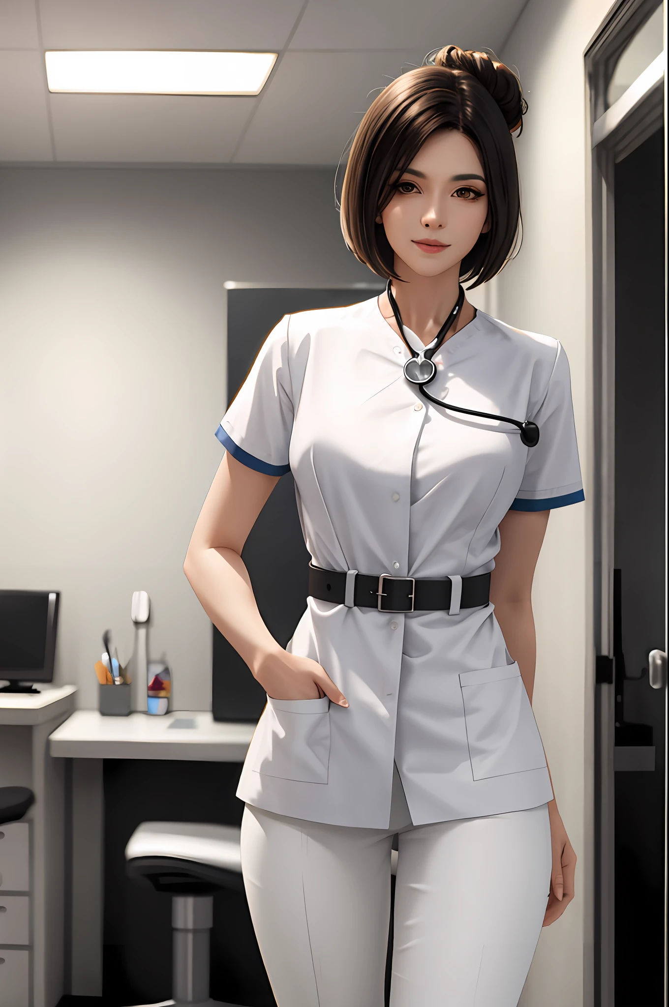 masterpiece, top quality, high quality, high resolution, high quality textures, high quality shadows, high detail, realistic, cinematic lights, side lights, lens flares, ray tracing, sharp focus, beautiful adult woman with black hair, elegant, tall, semi-long bob cut hair is tied together in one bun at the back, nurse, hospital, Wearing a white nursing uniform, wearing a stethoscope around his neck. Standing, wearing white pants. Manly. slim thighs, small breasts, slim, long eyelashes, mature, white sneakers, smile, beauty