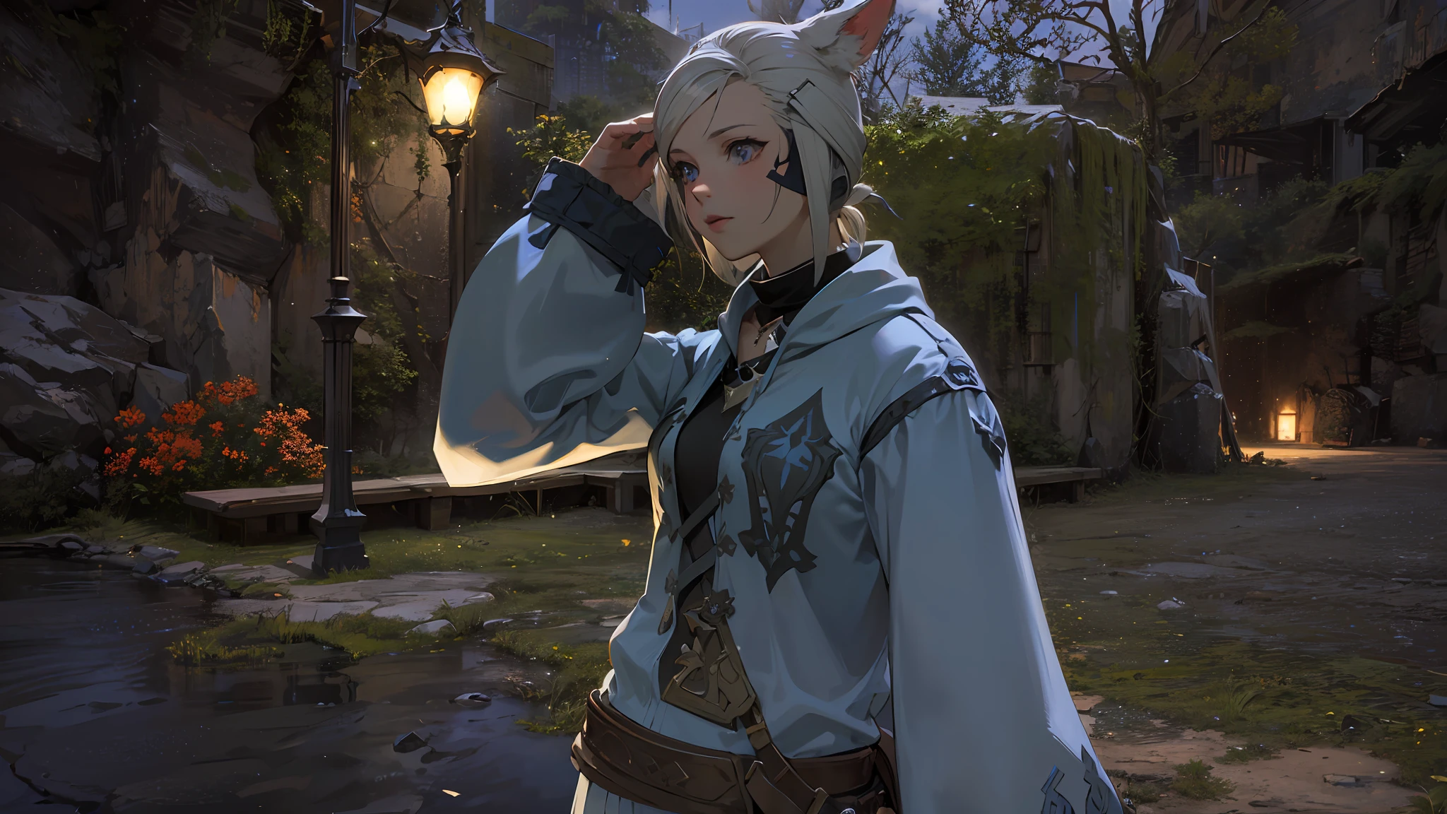 a close up of a screenshot of a female character in a video game, cat girl, Gridania, final fantasy 1 4 screenshot, final fantasy 14 sharp, final fantasy 14 style, tranding on pxiv, final fantasy 1 4, ffxiv heavensward, ffxiv, final fantasy xiv, an epic majestical degen trader, a massive celestial giant god, trending on pxiv