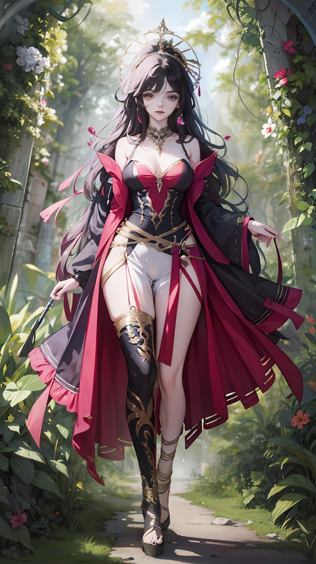 In a Final Fantasy style illustration. A powerful sorceress invokes the powers of thunder. She is very beautiful and wears a knee-length dress with straps and ruffles, heels and a pointed hat. She is in a strange place of ancient buildings half buried by the jungle.
